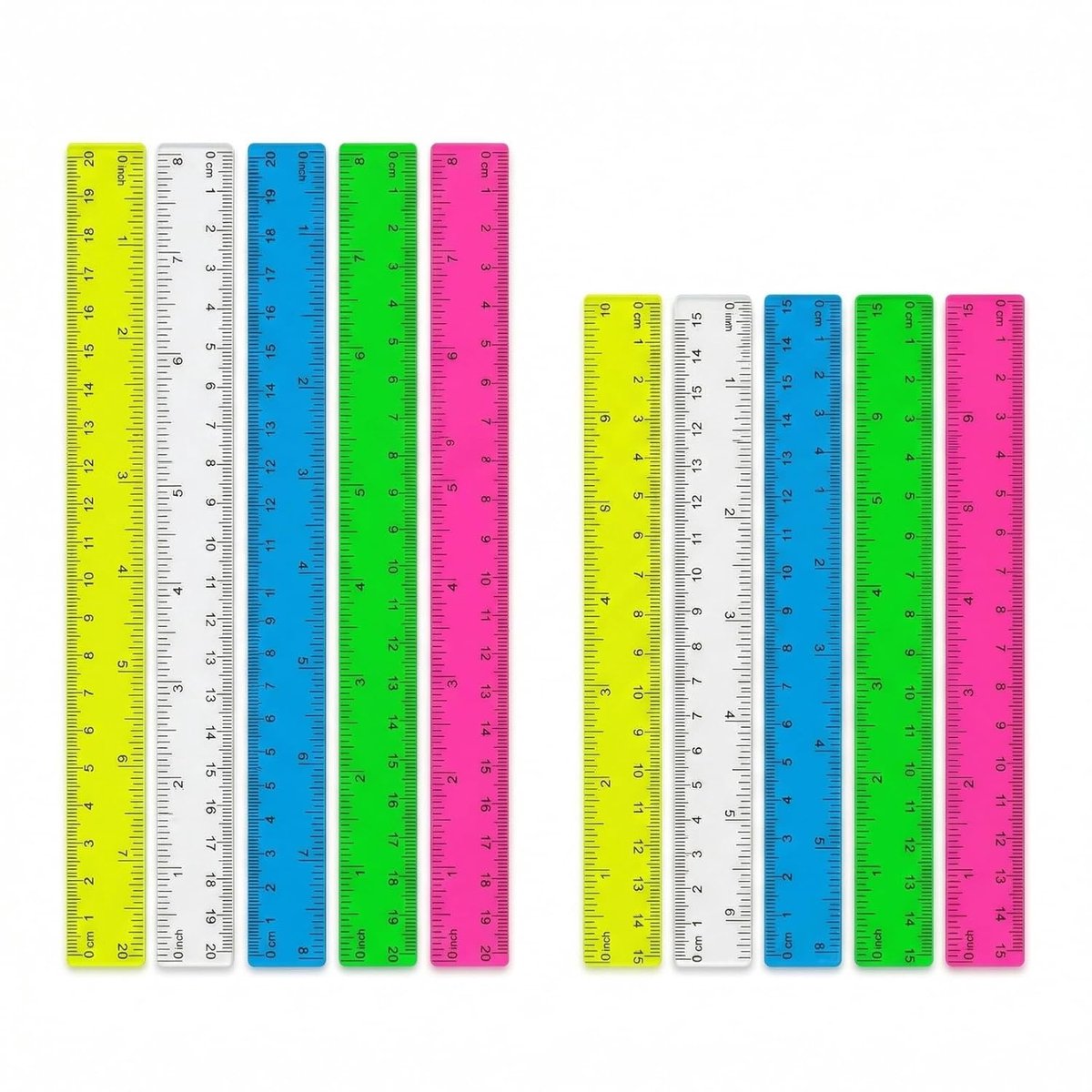 Liniaalset 15/20 cm - kleurrijk kunststof - dubbele schaal cm en inch - ideaal voor school en kantoor - ShopVlot