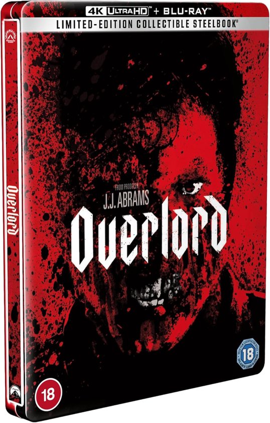 Overlord Limited Edition Steelbook, 4K UHD + Blu-Ray, met een man met rode spetters.