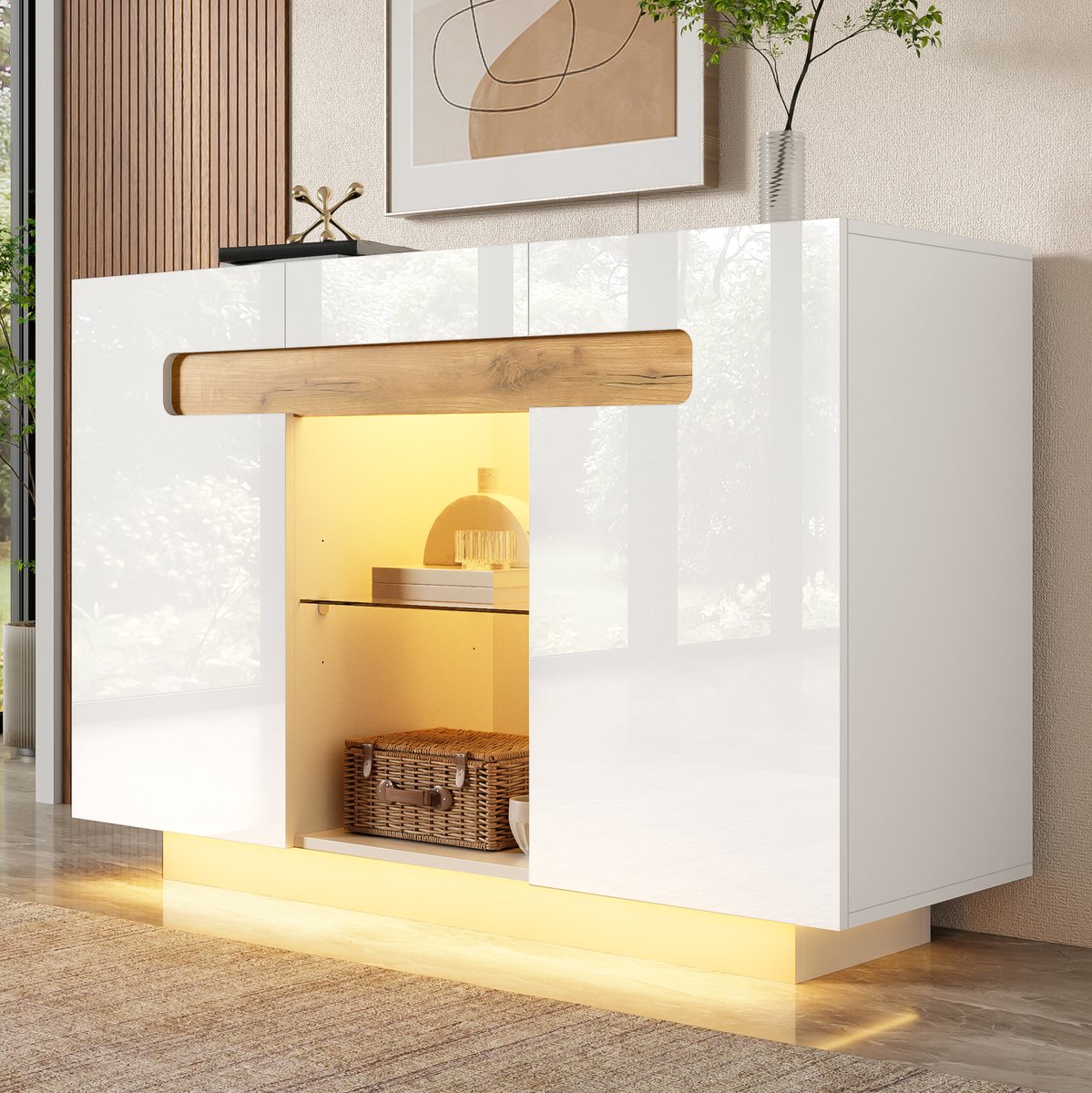 COVREO Dressoir 120x40x80 cm wit, spaanplaat en glas met LED-verlichting