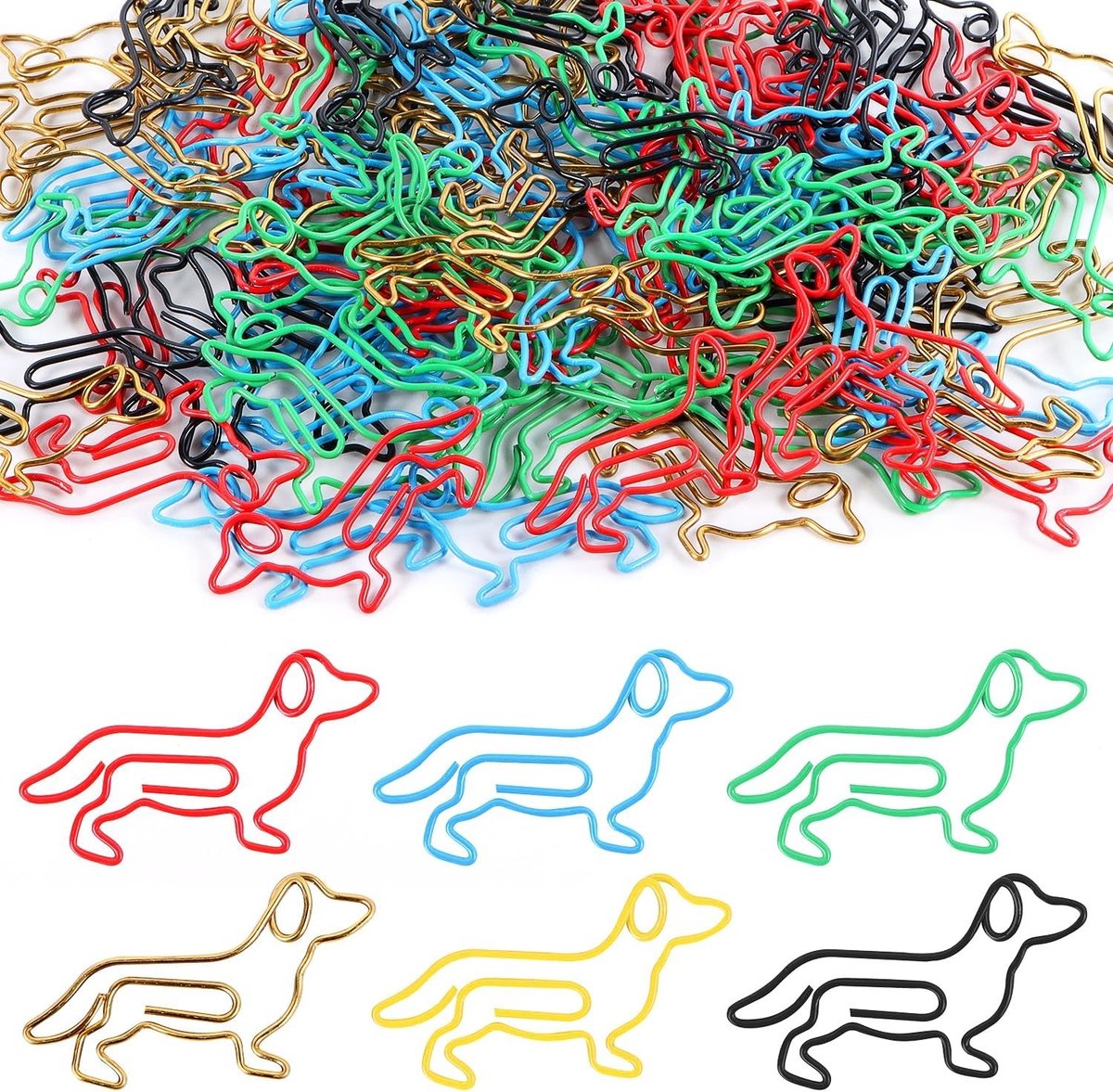 Leuke teckelvormige paperclips van metaal, 100 stuks, schattige boekenleggers voor kantoor en school, kleurrijke clips