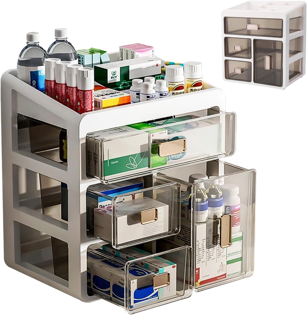 Multifunctionele Medicijnopslagdoos met 4 Doorzichtige Lades - Desk Organizer voor Geneesmiddelen, Cosmetica en Sieraden