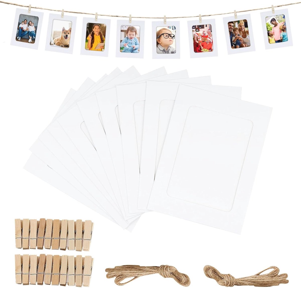 SnelShoppen - Pack van 20 Papieren Fotolijsten, DIY Creatieve Kraft Papieren Foto Matten, Hangalbum Lijsten met 20 Houten Klemmen en Touw, Wit