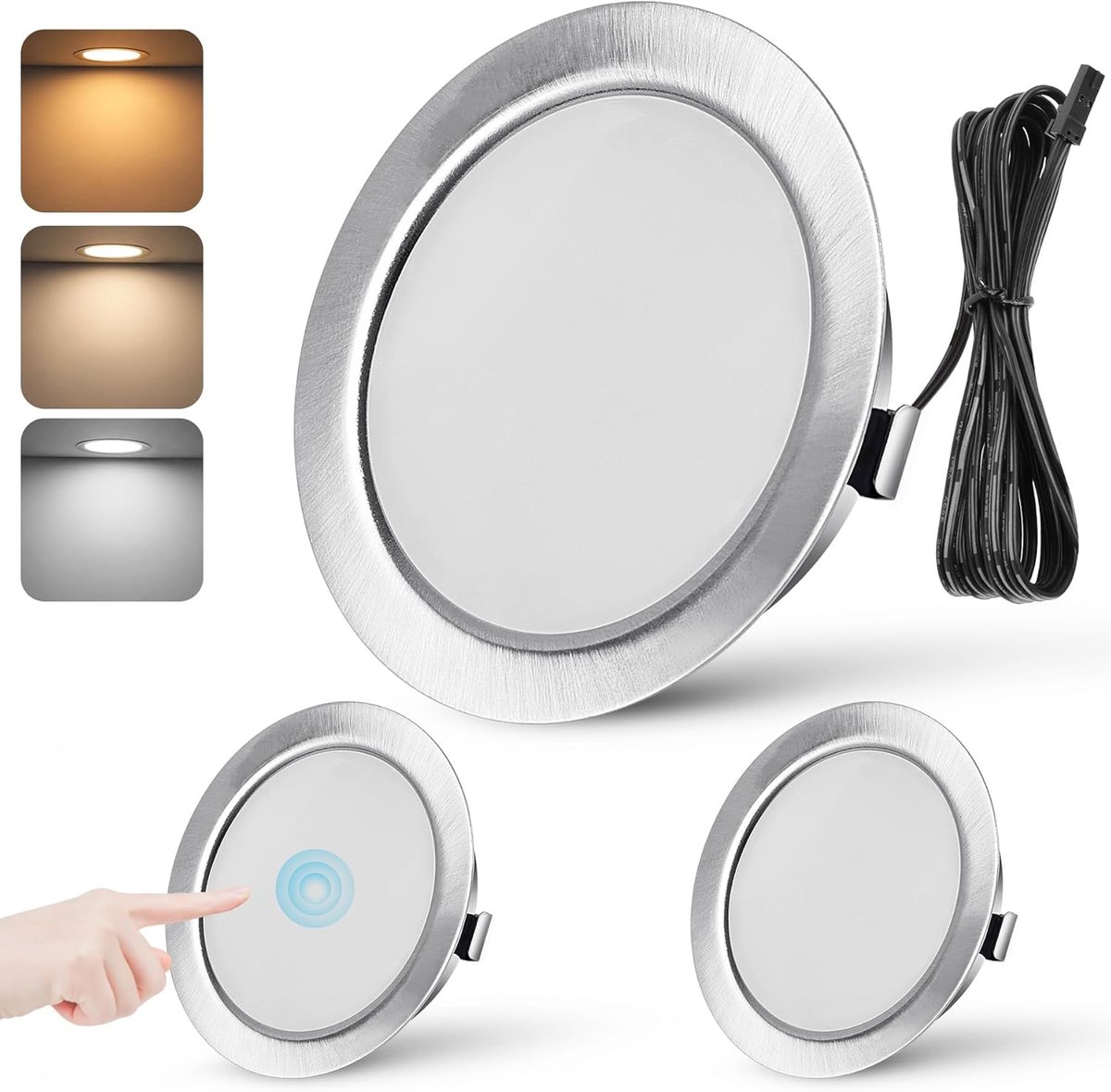 LED-spot, 3 W, LED-spot, 12 V, extra plat, warm wit, 3 000 K, neutraal wit, 4 000 K, koud wit, 6 000 K, aanraakregeling, inbouwspot met 2 m kabel, 3 stuks, nikkel