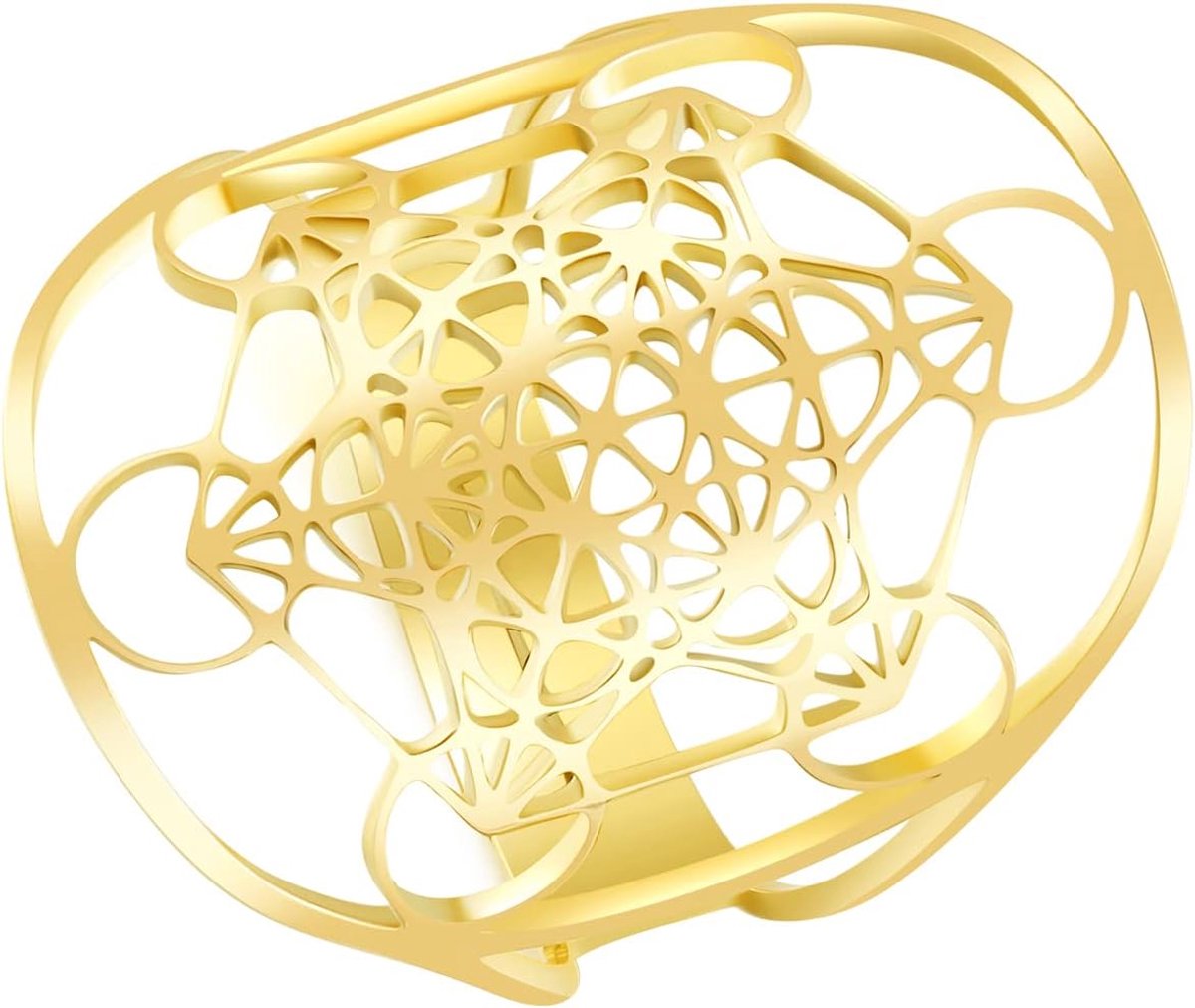 Damesring met motief "Metatron", voor meisjes, roestvrij staal, heilig, aartsengelring, hol, bloem van het leven, sieraden, cadeau, staal