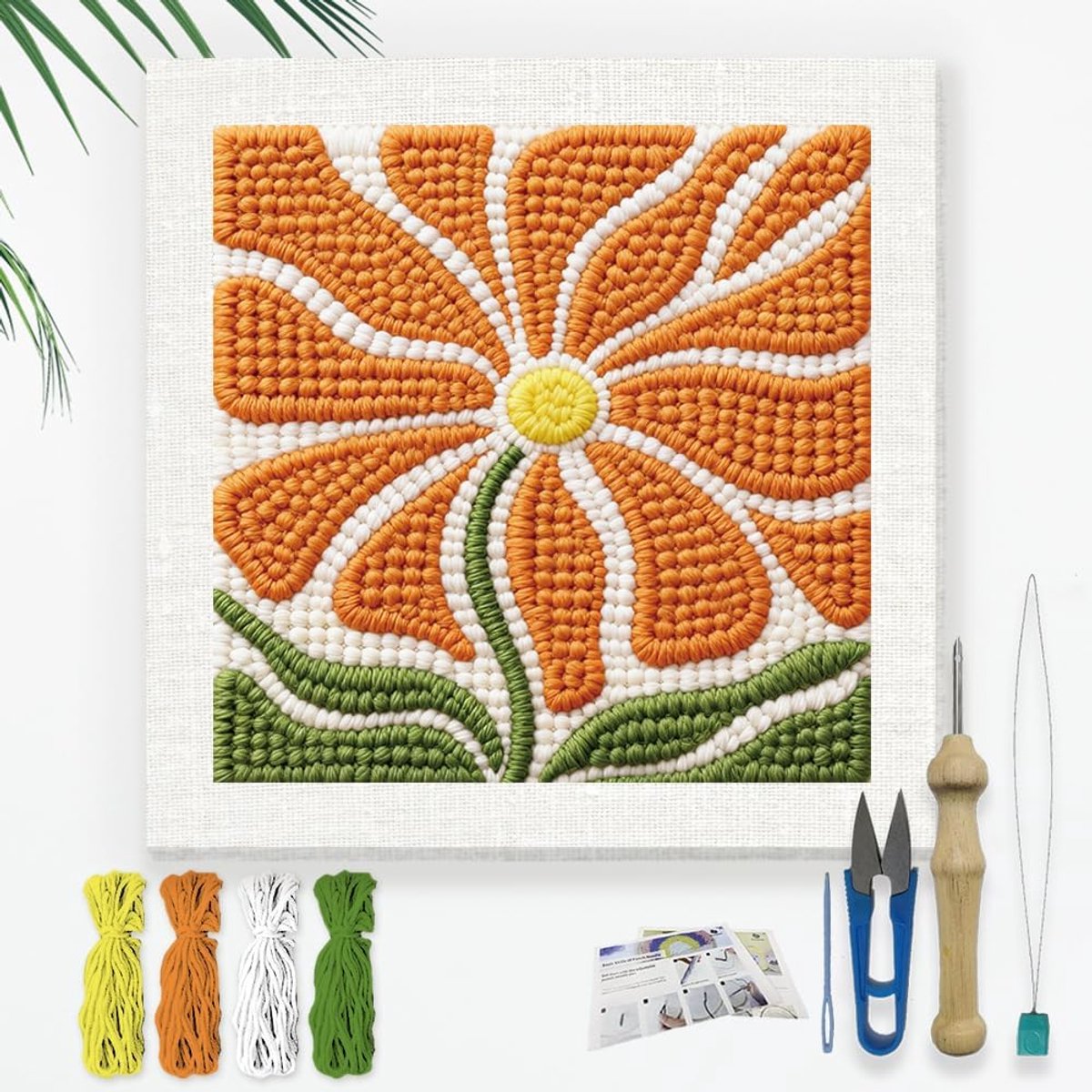 Enkele bloem punch naald kit voor beginners, 24 x 24 cm oranje bloemen punch stiksels ambachtelijke set, doe-het-zelf borduurwerk starter met bedrukt frame, instructie, threader, garen