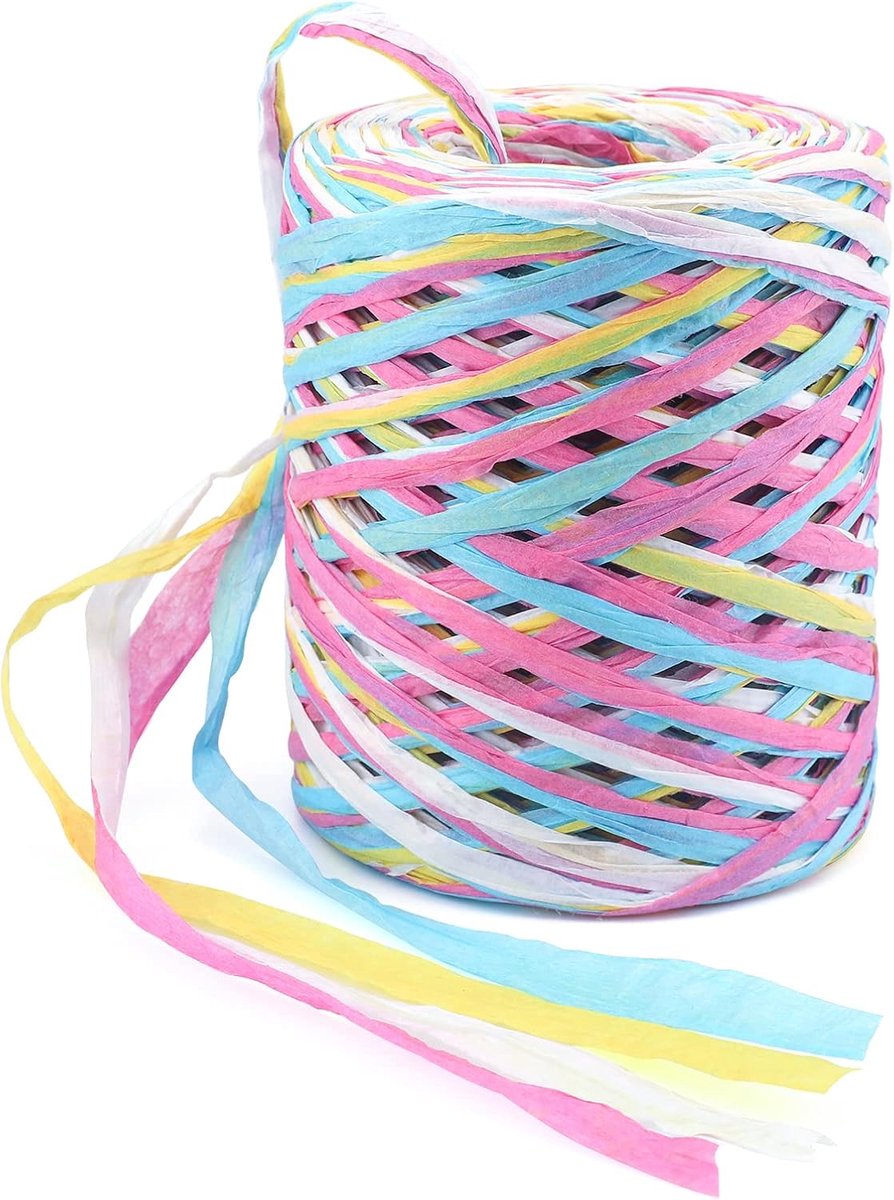 120 M Bast Band, 4-voudig handwerk raffia papierkoord, knutselverpakking papier bindgarens voor knutseldecoratie, cadeauverpakking, weven, bundelen (Rozerood + Lichtblauw + Geel + Wit)