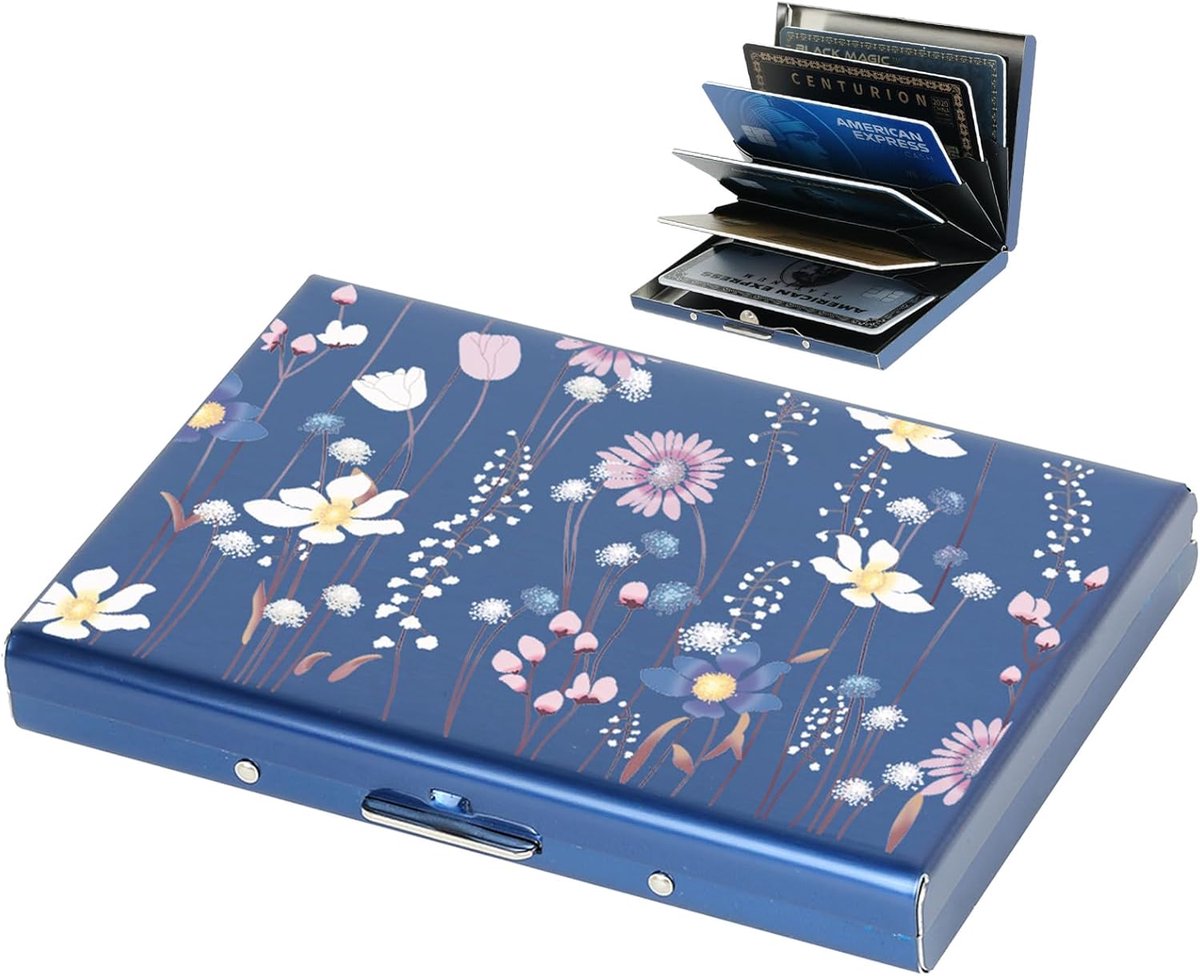 Pashouders, RFID Blokkeren Creditcardhouder, Slanke Metalen Portemonnee, met 6 Kaartsleuven, voor Dames en Heren.(6 Kaart/Blauw/Bloem)