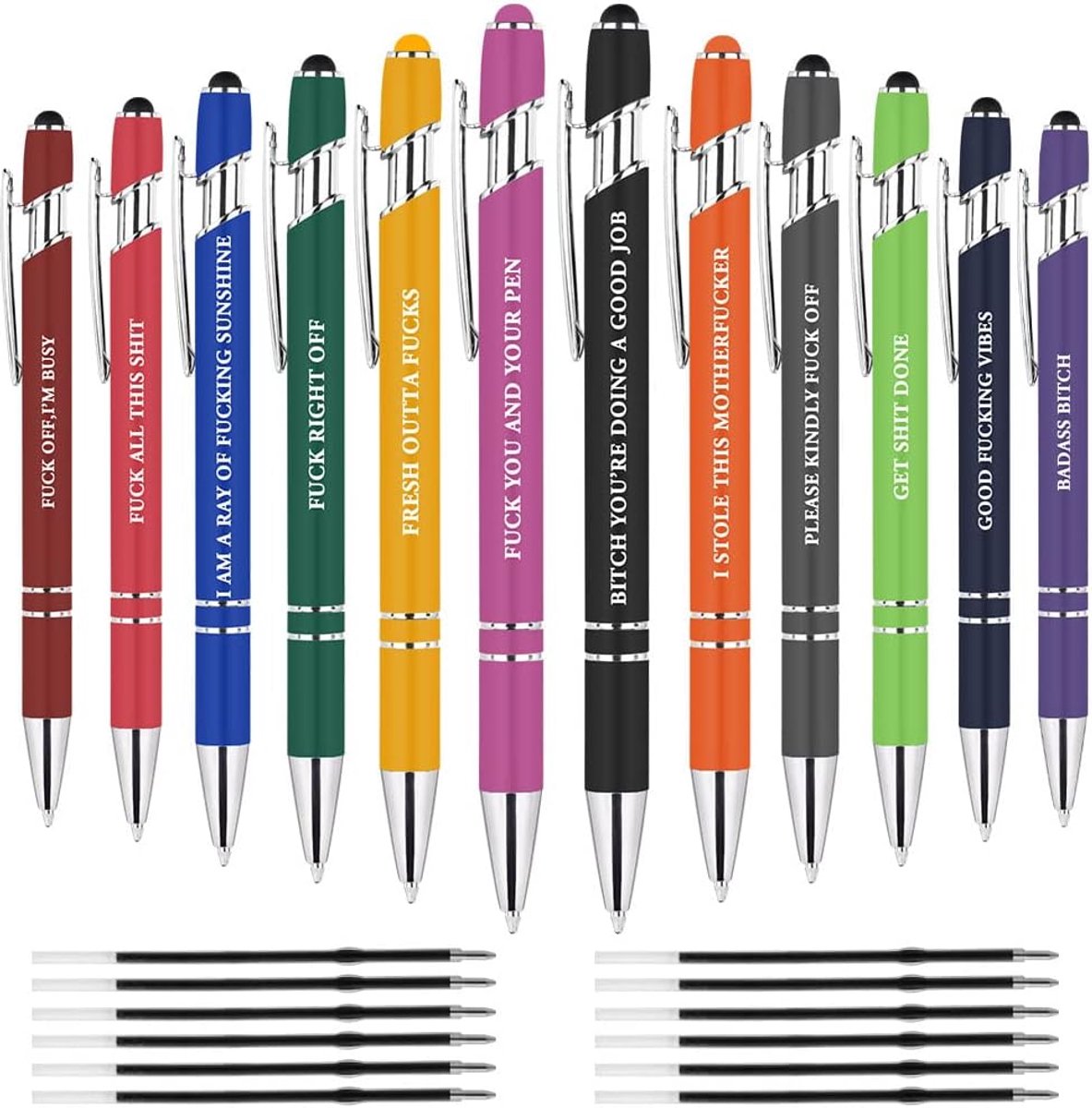 12 stuks grappige quotes pennen, inspirerende balpenset met 12 vervangende vullingen, 2-in-1 metalen styluspennen, stijlvolle pen, grappige werkpennen voor volwassenen