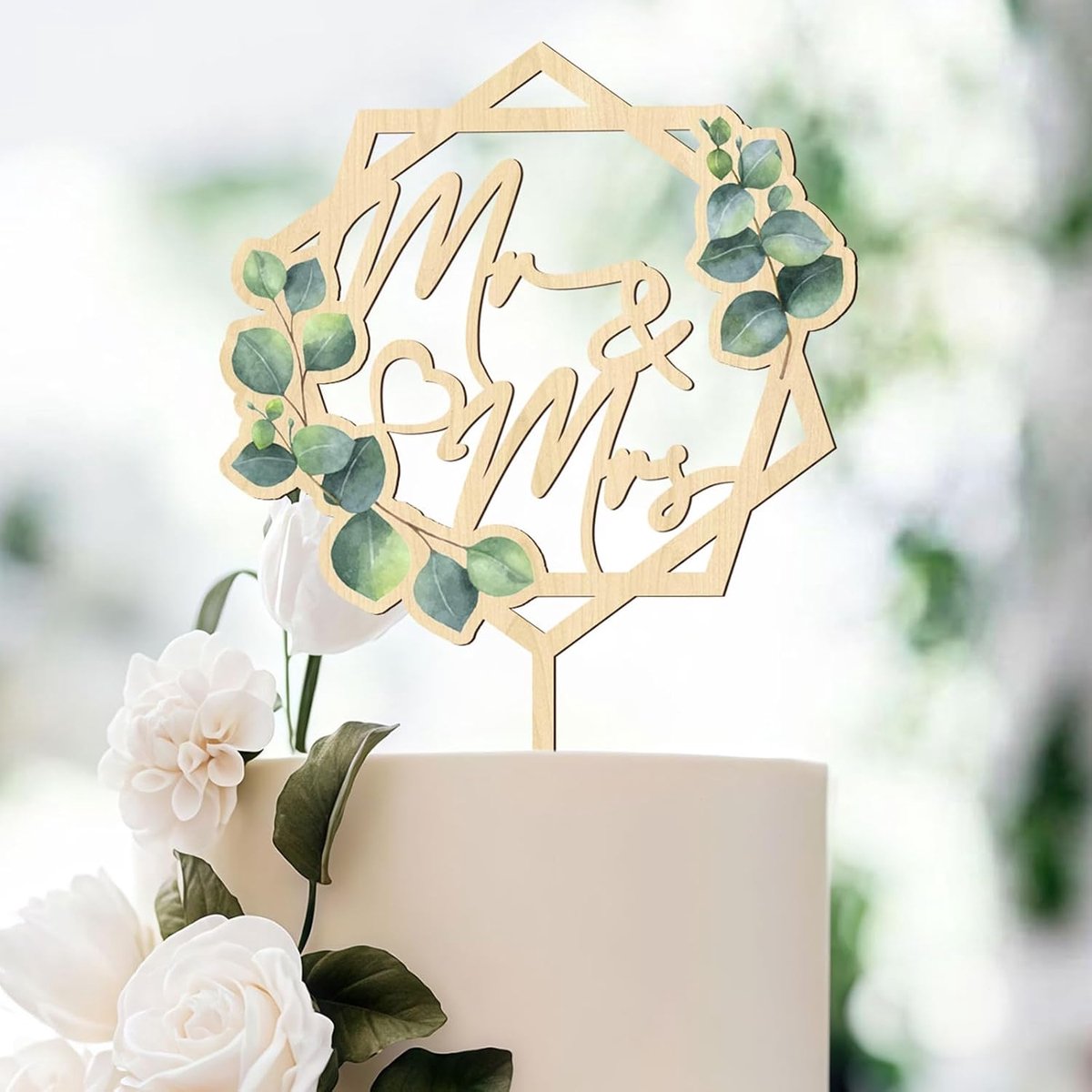 Mr & Mrs Cake Topper Groene houten taarttopper voor bruiloftstaarten Decoratieve taartstekker voor huwelijk jubileum verloving feestelijke taartdecoratie, vierkante vorm