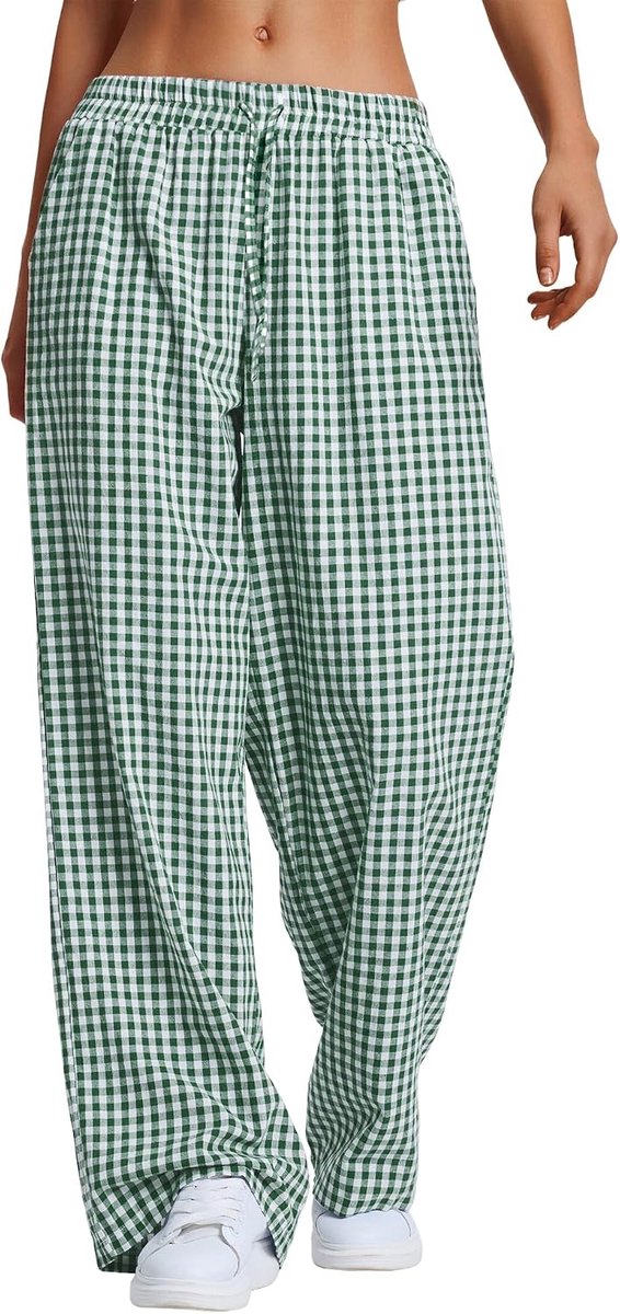 Pyjamabroek voor dames, geruit, lang, zomer, katoen, trekkoord, slaapbroek, zachte vrijetijdsbroek met zakken