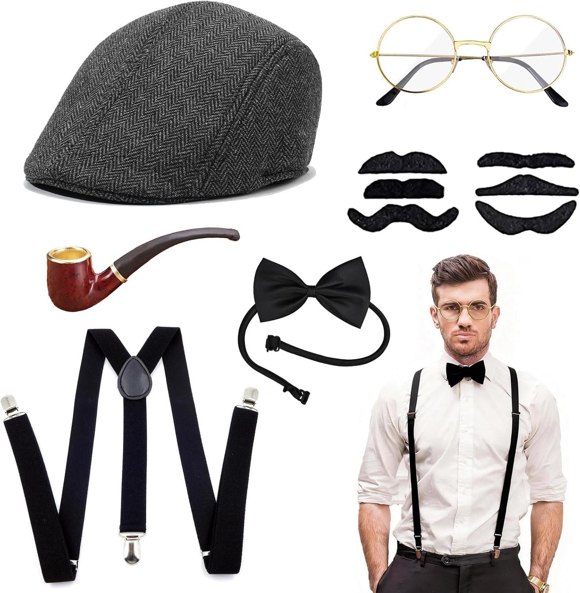Complete 1920s Kostuumset voor Mannen met Panama Hoed, Strik en Accessoires voor Carnaval en Themafeesten