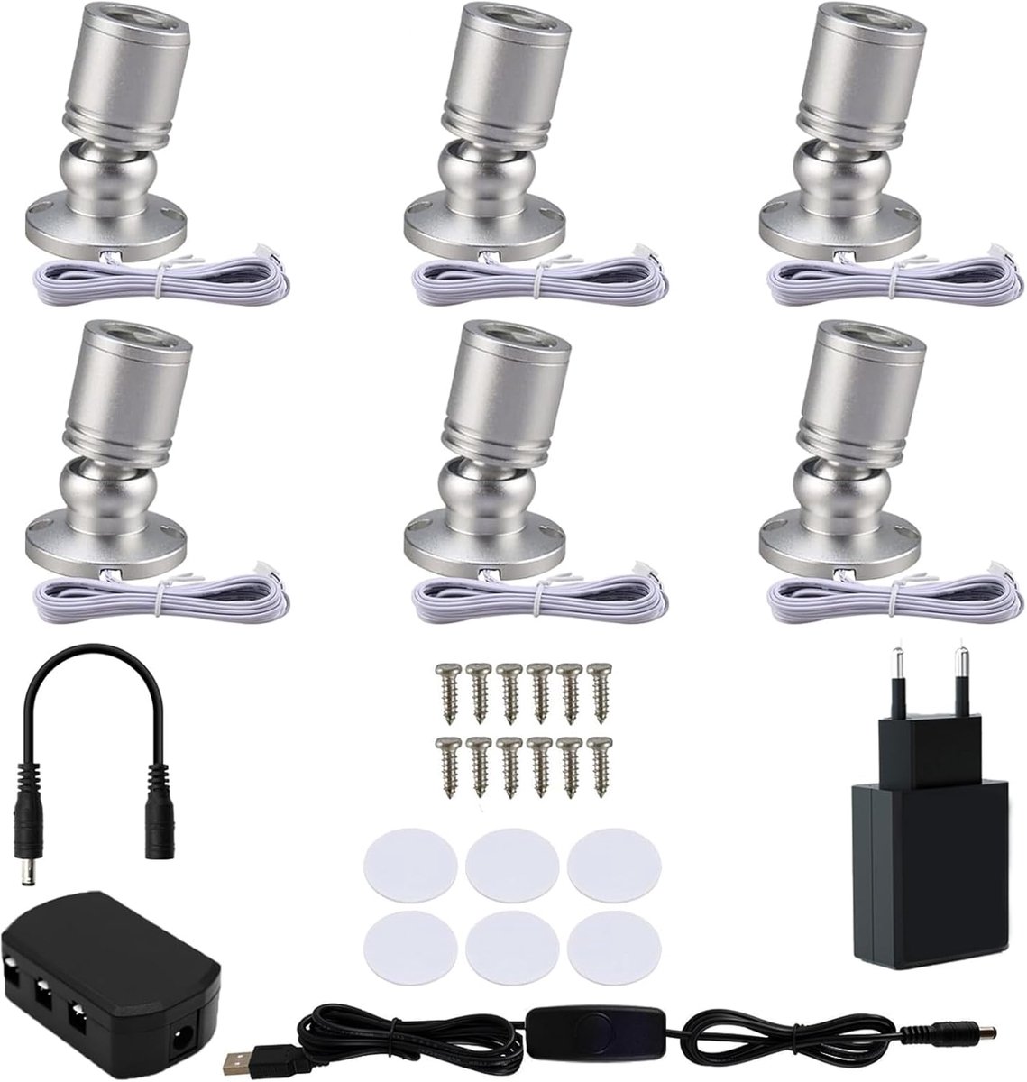 6 Stuks,Kleine LED Zoeklichten,360° Zwenkbaar,5V 1W,3000K,Zilver | Spots voor Binnengebruik Kastlicht Schilderijlichten Accentlichten Aluminium Mini Spot voor Kast, Gang