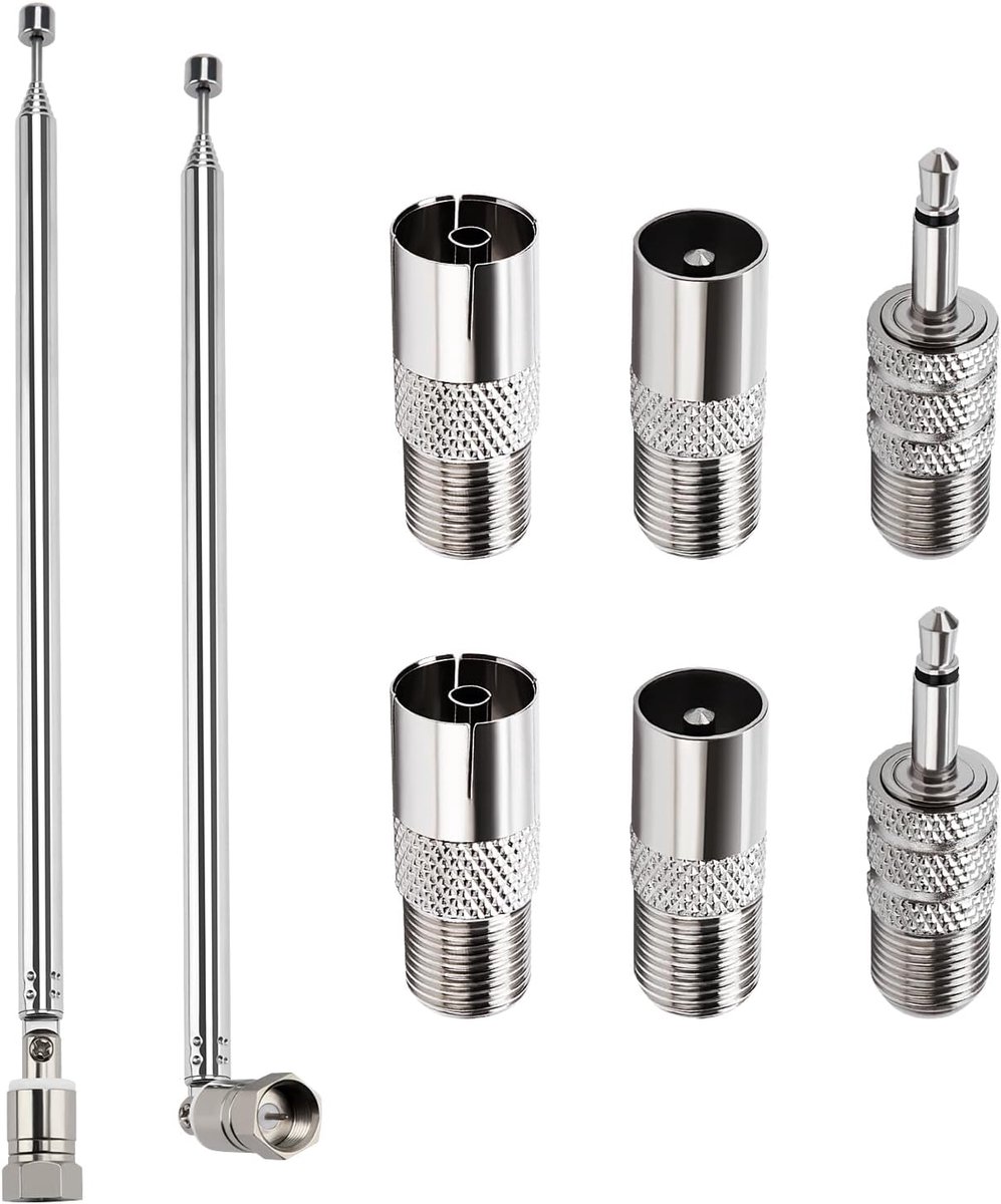 2 Stuks 100cm 7-Sectie Telescopische DAB Radio Antenne, FM Antenne Binnenantenne 75 Ohm, F-type Mannelijke Plugconnector met 6 Adapters, voor Tafelradio, HiFi AV Stereo Ontvanger