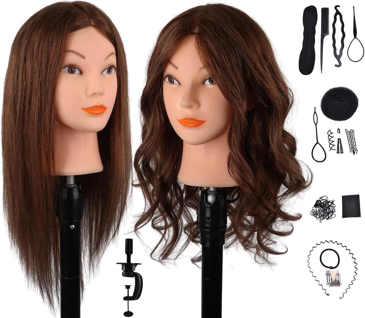 trainingshoofd met 100% echt mensenhaar, 45,7 cm donkerbruin cosmetologie mannequin hoofd kapperspop pop hoofd met klem en stylingtools