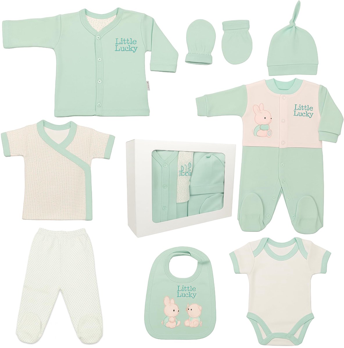 SnelShoppen - Blue Eyes Babycadeauset voor Pasgeborenen, 100% Natuurlijk Katoen, Uniseks Baby Kleding, 8-delig, Groene Eerste Uitrusting voor Baby's v