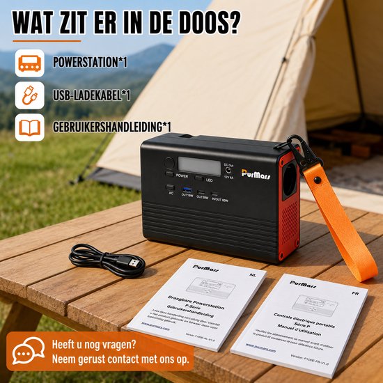 Zwarte draagbare powerstation met oranje lus, USB-kabel en handleidingen op houten tafel bij tent.