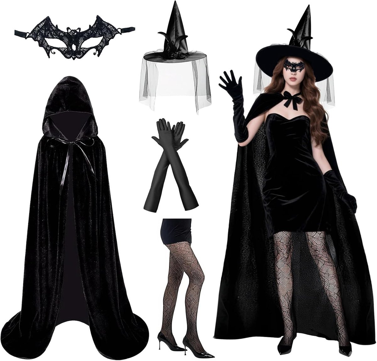 Heksenkostuum voor dames, Halloween heks cape met capuchon, heksenhoed, Halloween-kostuum dames voor volwassenen en verkleedkleding voor feestjes, carnaval en Halloween