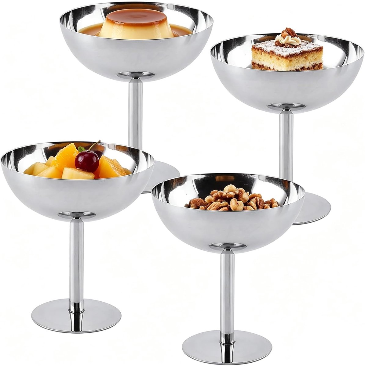 IJsbekers van roestvrij staal, 4 stuks dessertkommen met voet, Ice Cream Sundae dessertglazen, cocktailglazen Ice Cream Sundae voor fruit, salade, yoghurt en fruitpudding, voor bruiloften