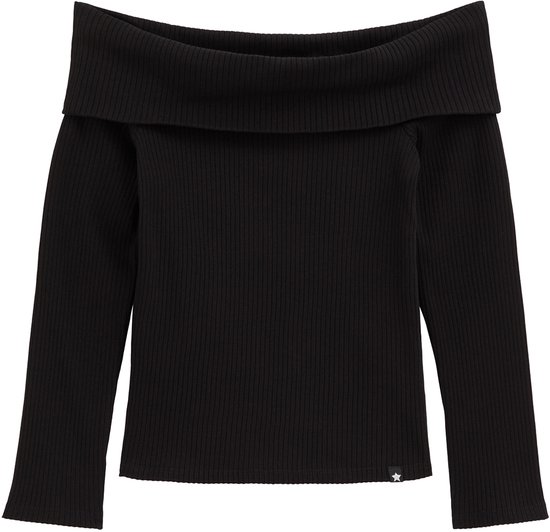 Zwarte off-shoulder trui met lange mouwen van gebreide stof.