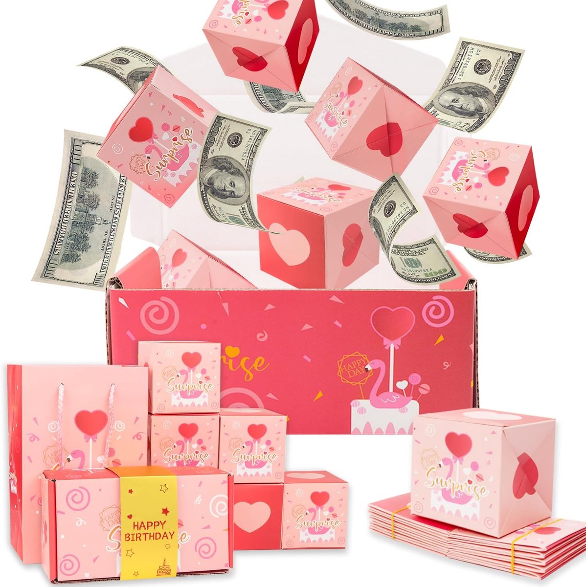 Birthday Verrassing Explosie voor Geld - Pop Up Exploderende Doos - Bounce Gift Bag voor Vrouwen meisje Mannen moeder vrouw zus (ROZE, 12 Bounce Dozen)