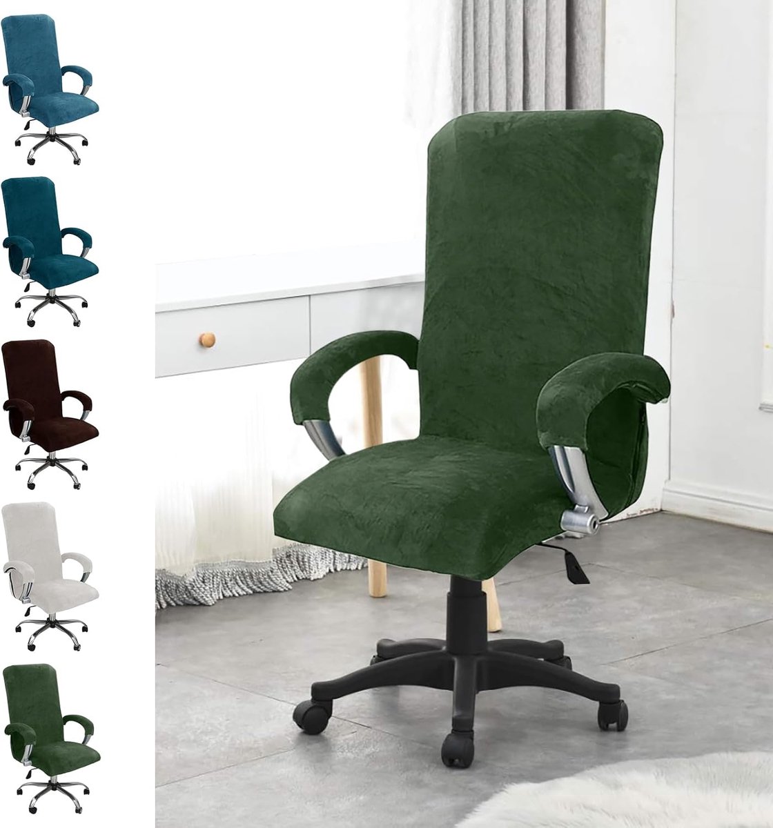 bureaustoelhoes, met armleuning, stoelovertrek, bureaustoel, hoge rugleuning, gamestoelhoes, hoezen voor stoelen met armleuningen, afneembaar, elastisch, donkergroen, XL