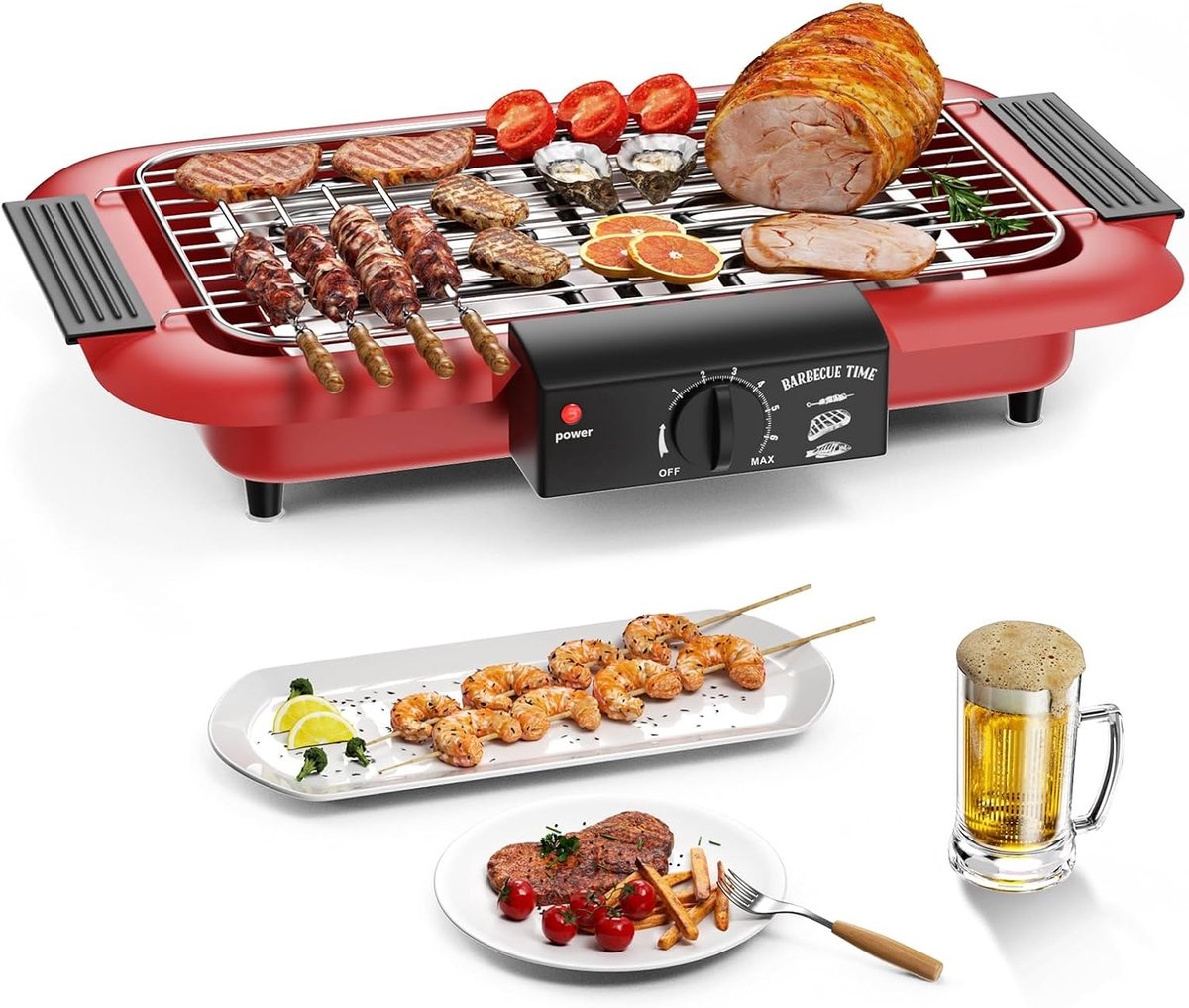 Elektrische Tafelgrill - Rood - Rookvrij - 2000W - Voor Binnen en Buiten