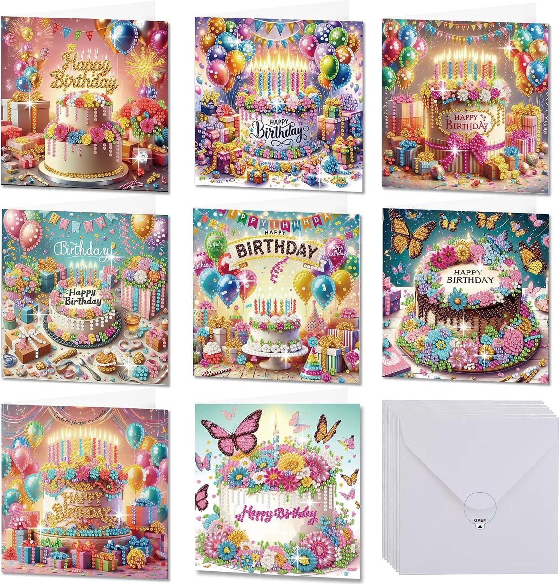 Verjaardagskaarten set diamantschilderij, verjaardagstaart, ballonnen, diamantschilderij, wenskaarten met enveloppen voor beginners, edelstenen kunstkaarten, 8 stuks (verjaardag)