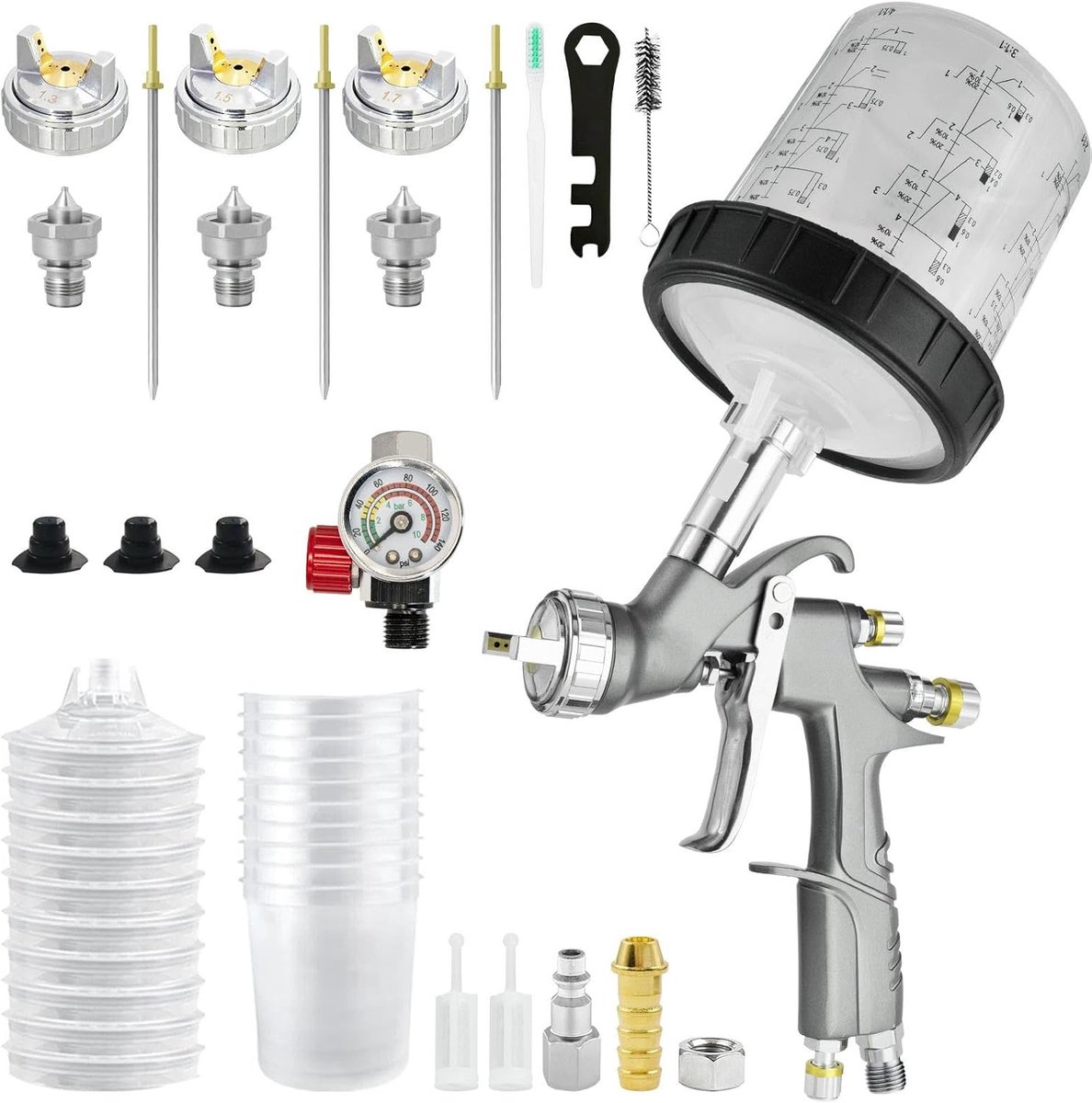 LVLP Lakpistool, premium kit, spuitpistool, perslucht met 1,3/1,5/1,7 mm sproeiers, 650 ml set met 10 wegwerpverfspuitpistoolbekers, verfpistool voor auto's en huis
