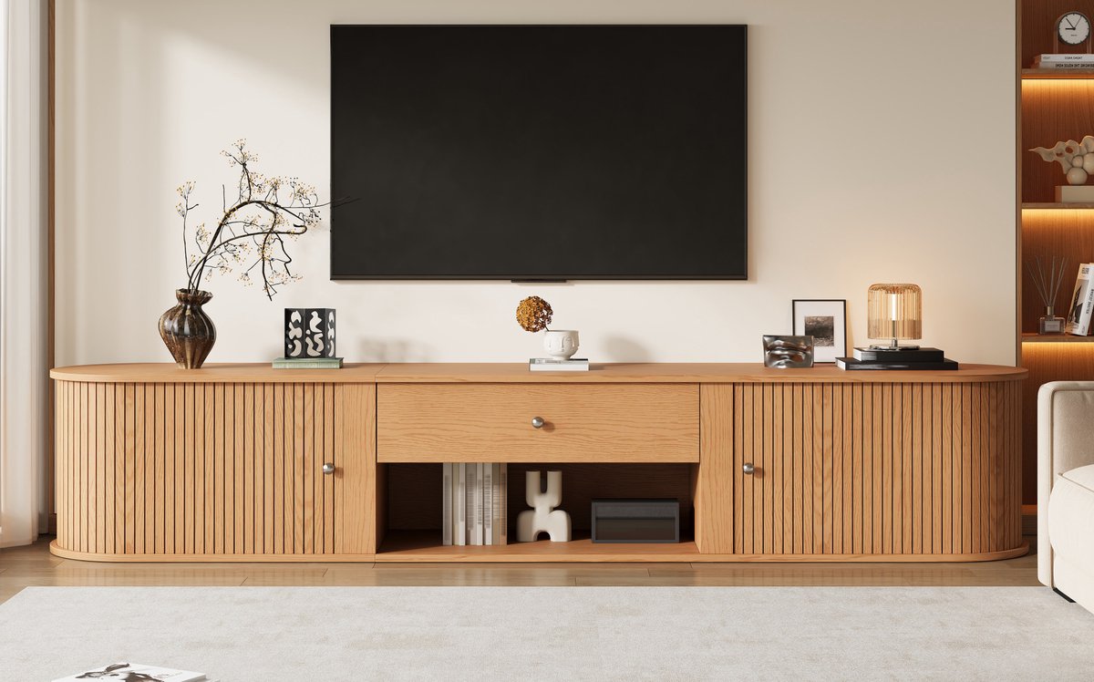 FloraGrace Dressoir - TV-Meubel Met 2 Roldeuren En Lade - Retro Opbergkast Voor Woonkamer En Eetkamer - Spaanplaat - 180x40x40 Cm - Naturel