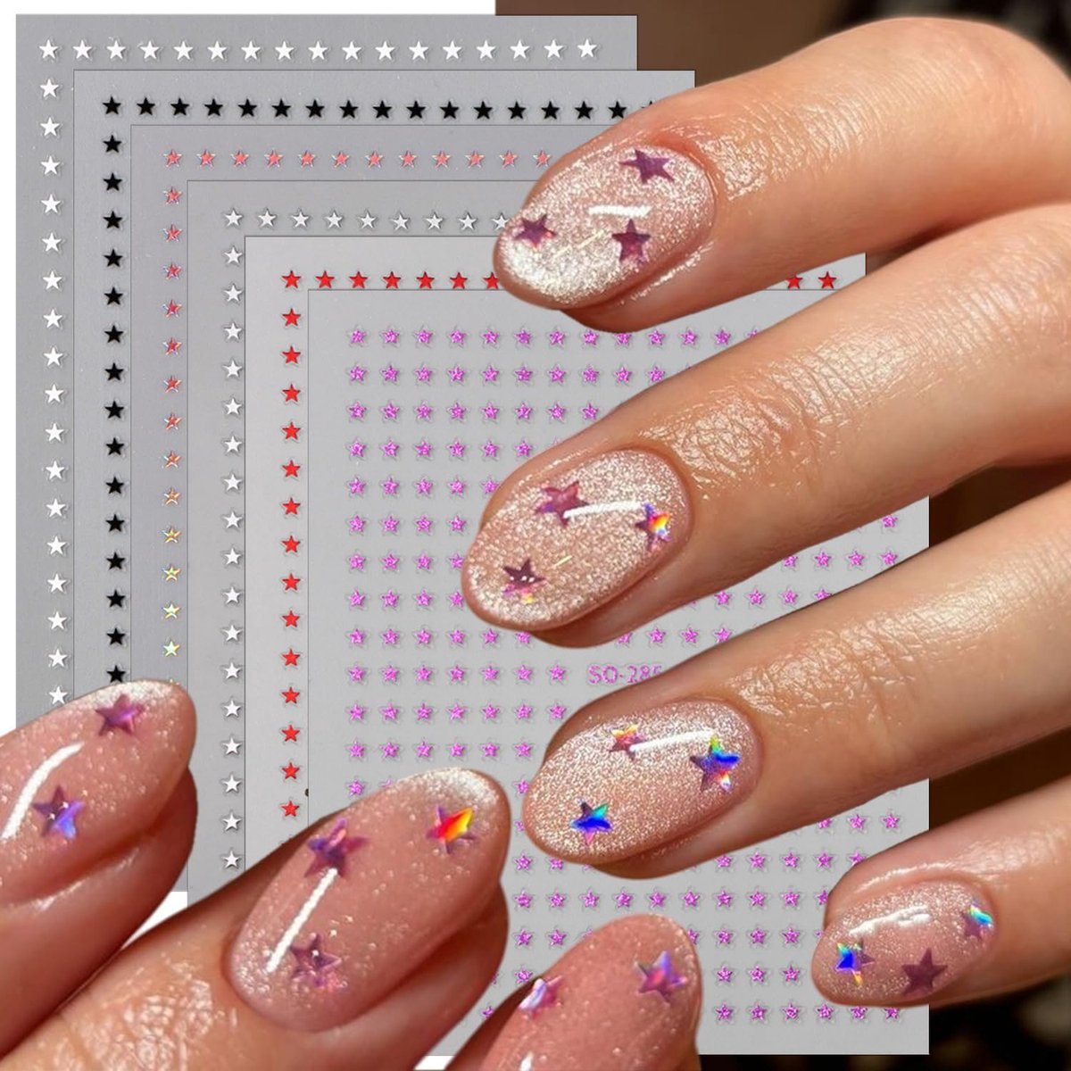 SnelShoppen - 6 Vel Ster Nail Stickers voor Nagelkunst 3D Zelfklevende Heilige Nagel Stickers Wit Zwart Rood Paars Zilver Laser Pentagram Nagel Design