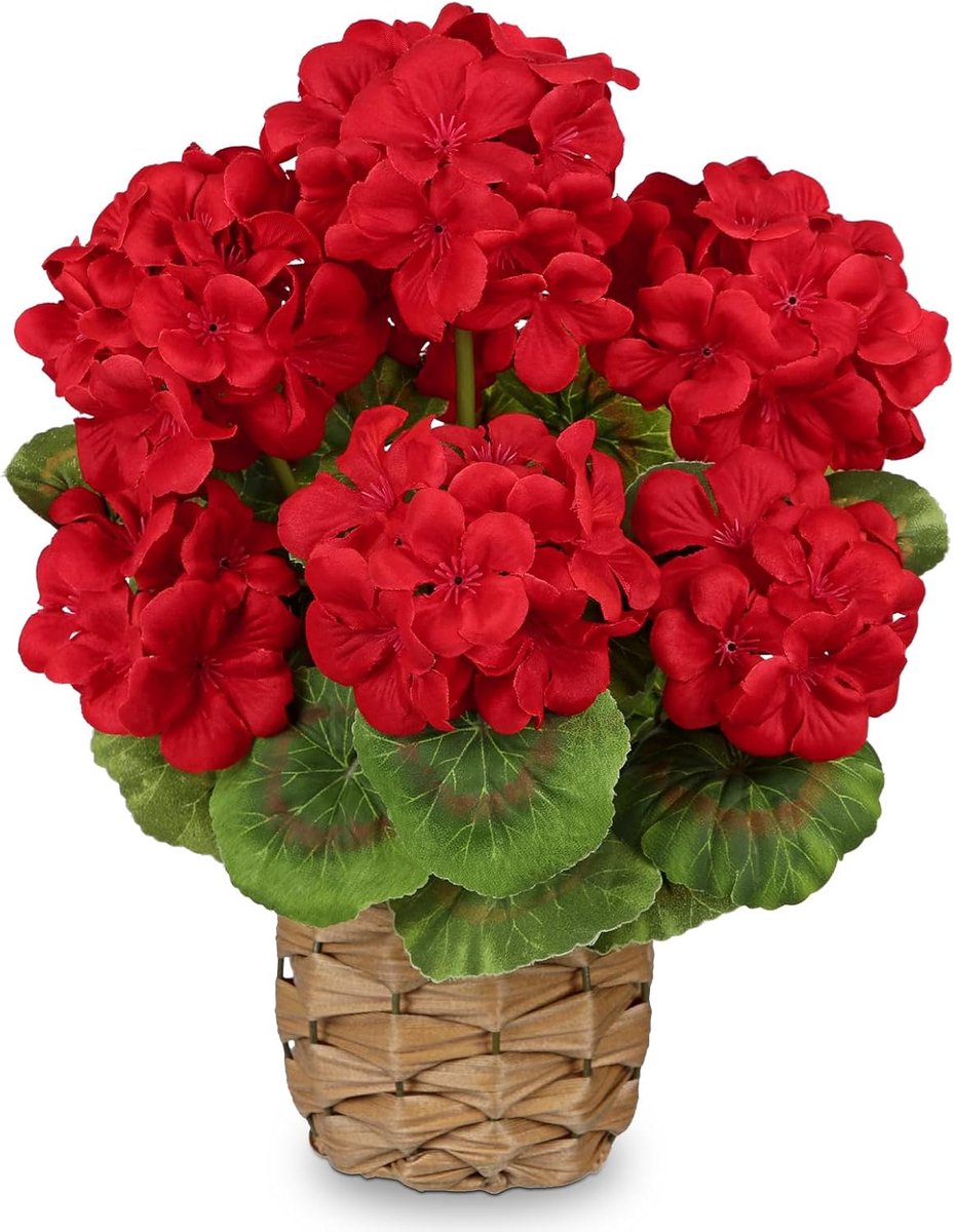 Artificial Flower in Woven Pot 13.7 Inch Faux Red Geraniums in Rustic Basket Realistic Silk Flowers Arrangement Indoor - ShopVlot