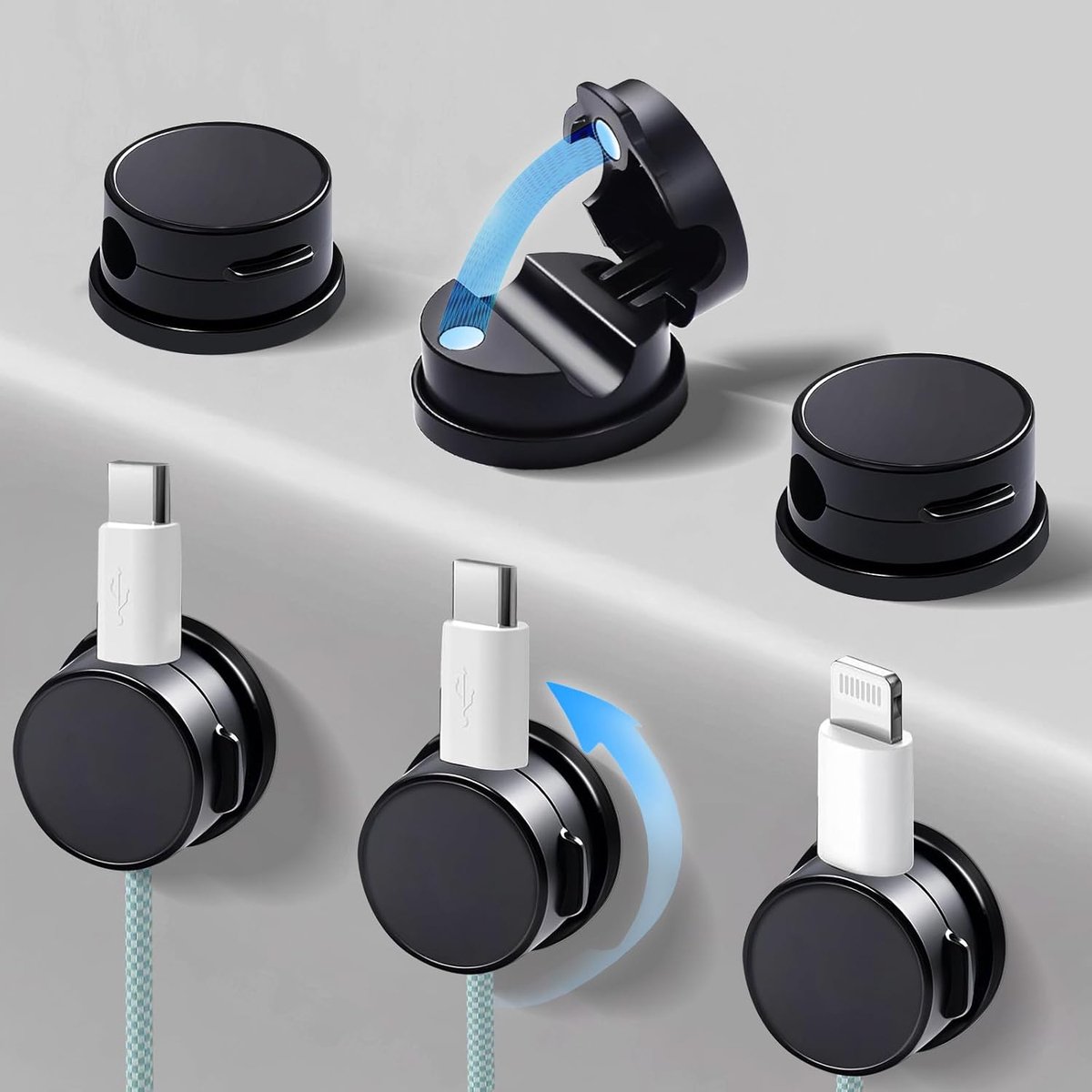 SnelShoppen - 6 Stuks Zelfklevende Kabelhouder, 360° Draaiende Kabelhouder Magnetisch Zwart 22mm voor Bureau Nachtkastje, Oplader HDMI USB Audio Kabel