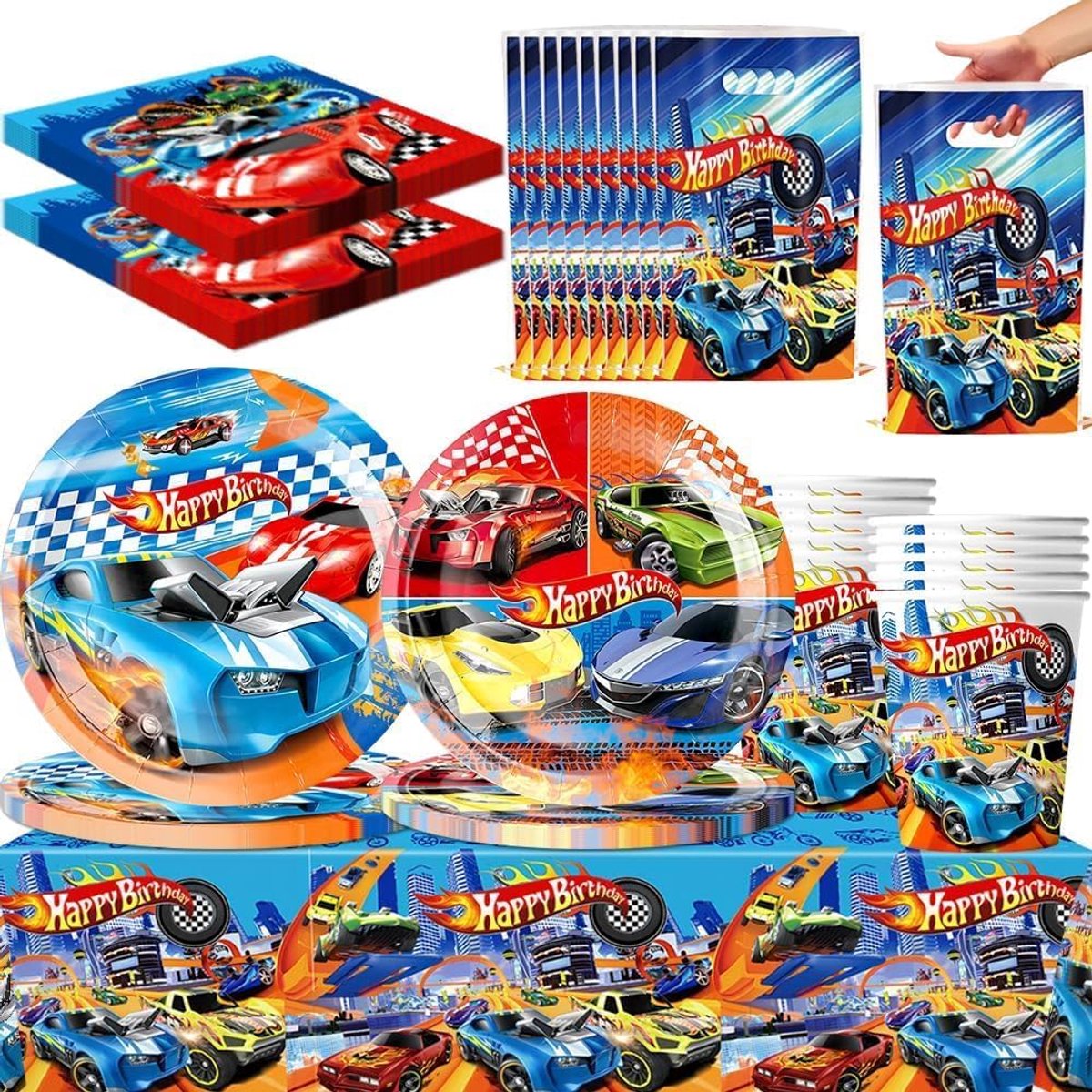61-piece racing car themed party tableware set, including tablecloth, plates, cups and napkins for party. - ShopVlot
