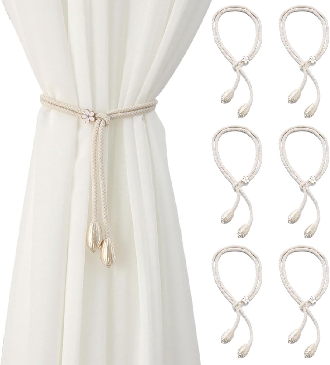 SnelShoppen - 6 Pcs Beige Handgeweven Katoenen Gordijnhouders, Verstelbare Gordijn Tie Backs, Duurzaam en Zacht voor Thuis, Keuken, Woonkamer