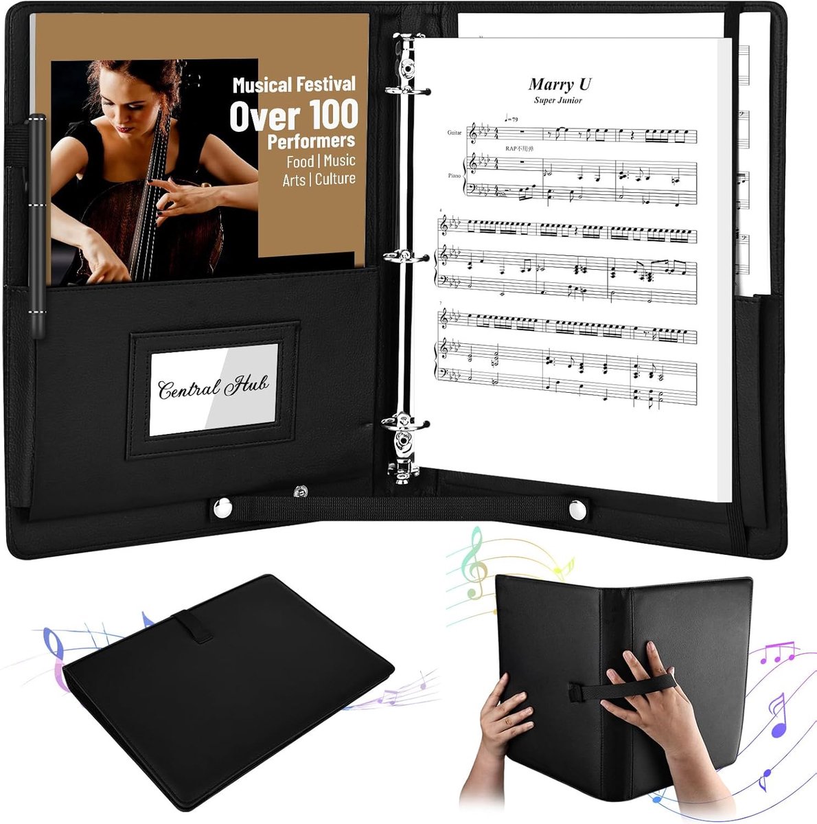 SnelShoppen - PU Muziekmap voor Bladmuziek A4 met Handvat, Penhouder en Binnenvak, Ringband voor Tot 200 Bladen, Zwart, Ideaal voor Pianisten en Muzik