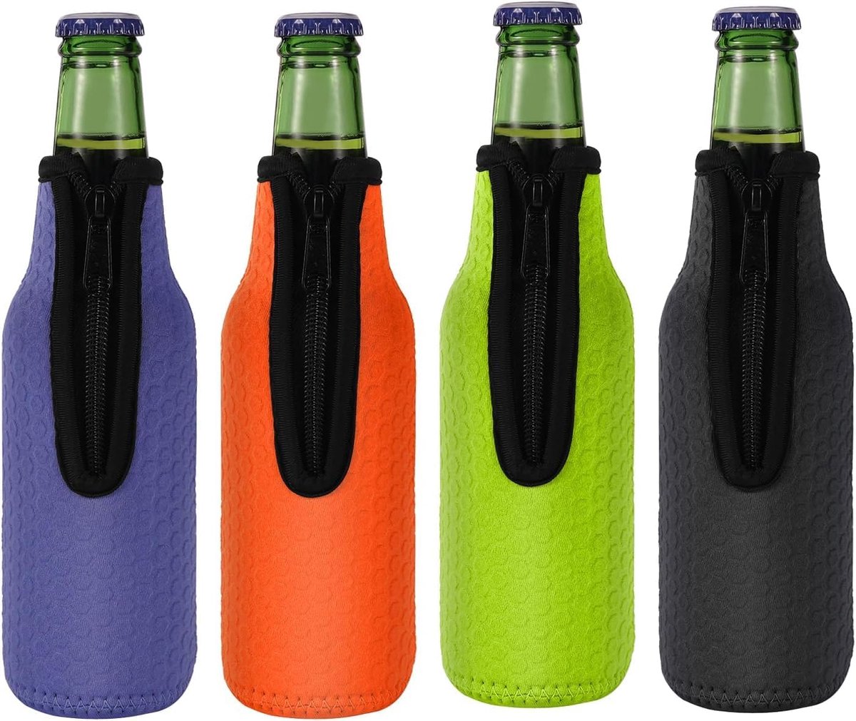 SnelShoppen - 4 x 330ml Bierfles Koeler, Geïsoleerd, Herbruikbaar, Antislip, Neopreen Bierfles Mouwen met Rits, Bierfleshoezen voor Feest, Camping, Tu
