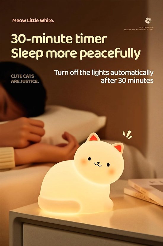 Nachtlampje in de vorm van een kat voor kinderen - Dimbaar via aanraking - Oplaadbaar - Zacht siliconen LED-nachtlampje - Een leuk cadeau - Geschikt voor babykamers, peuterkamers, verzorgingstehuizen, kinderkamers en ook een ideaal verjaardagscadeau. — afbeelding 4