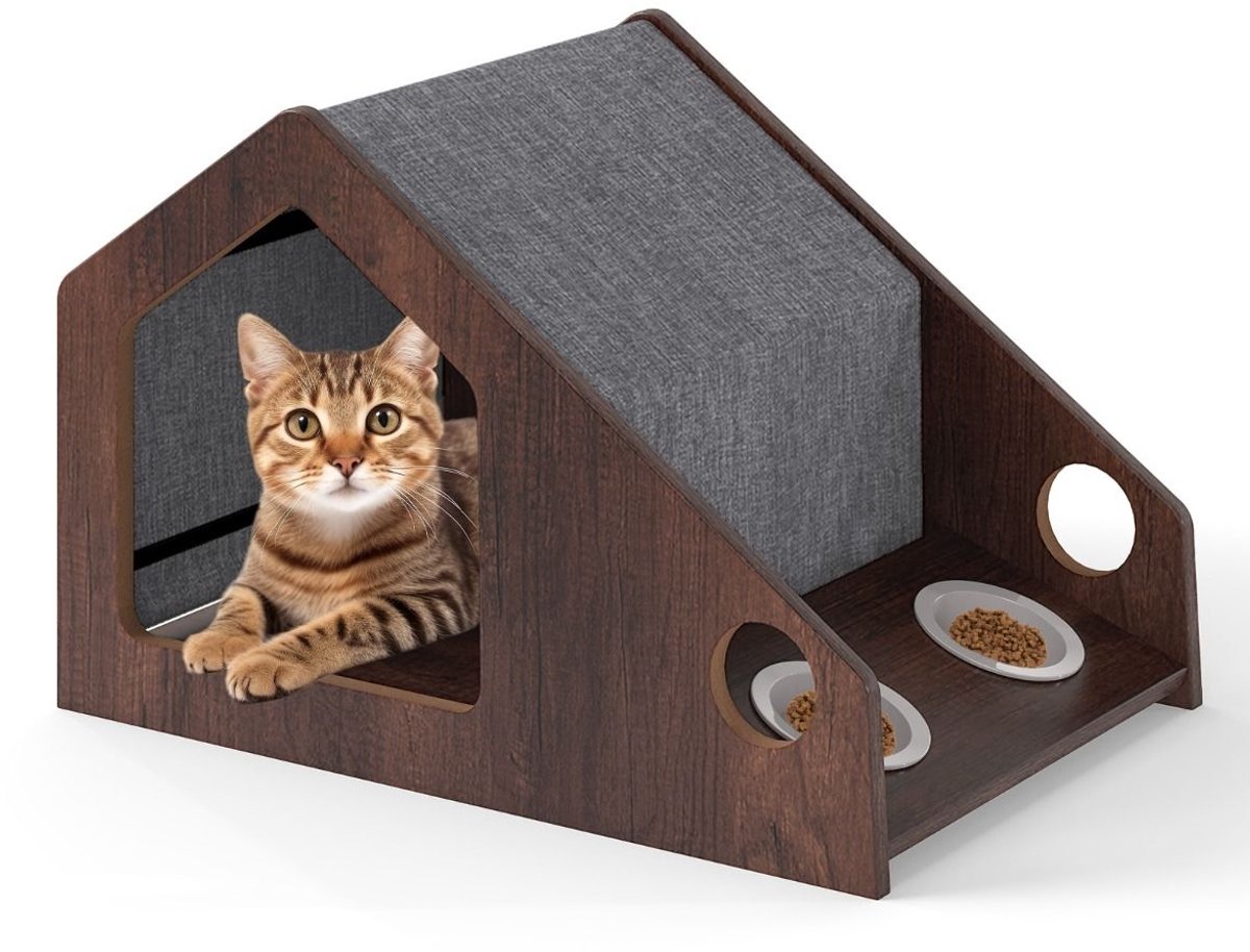 Kattenhuis - Voor buiten - Hok - Kooi - Bench - Ren - 1 verdieping - duurzaam - Bruin en grijs