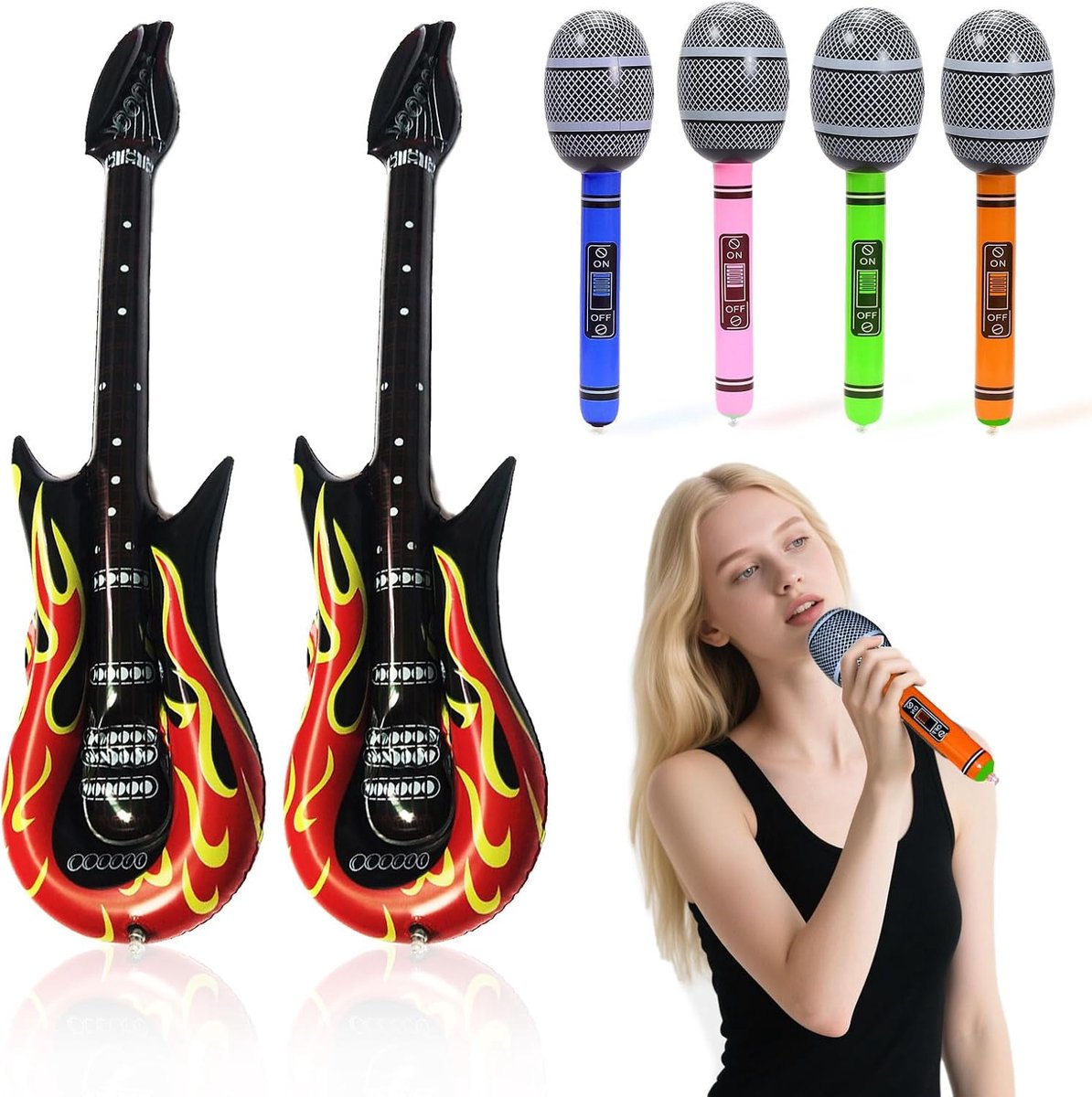Opblaasbare gitaar en microfoon set - 6-delig - multicolor - ideaal voor feestjes - ShopVlot