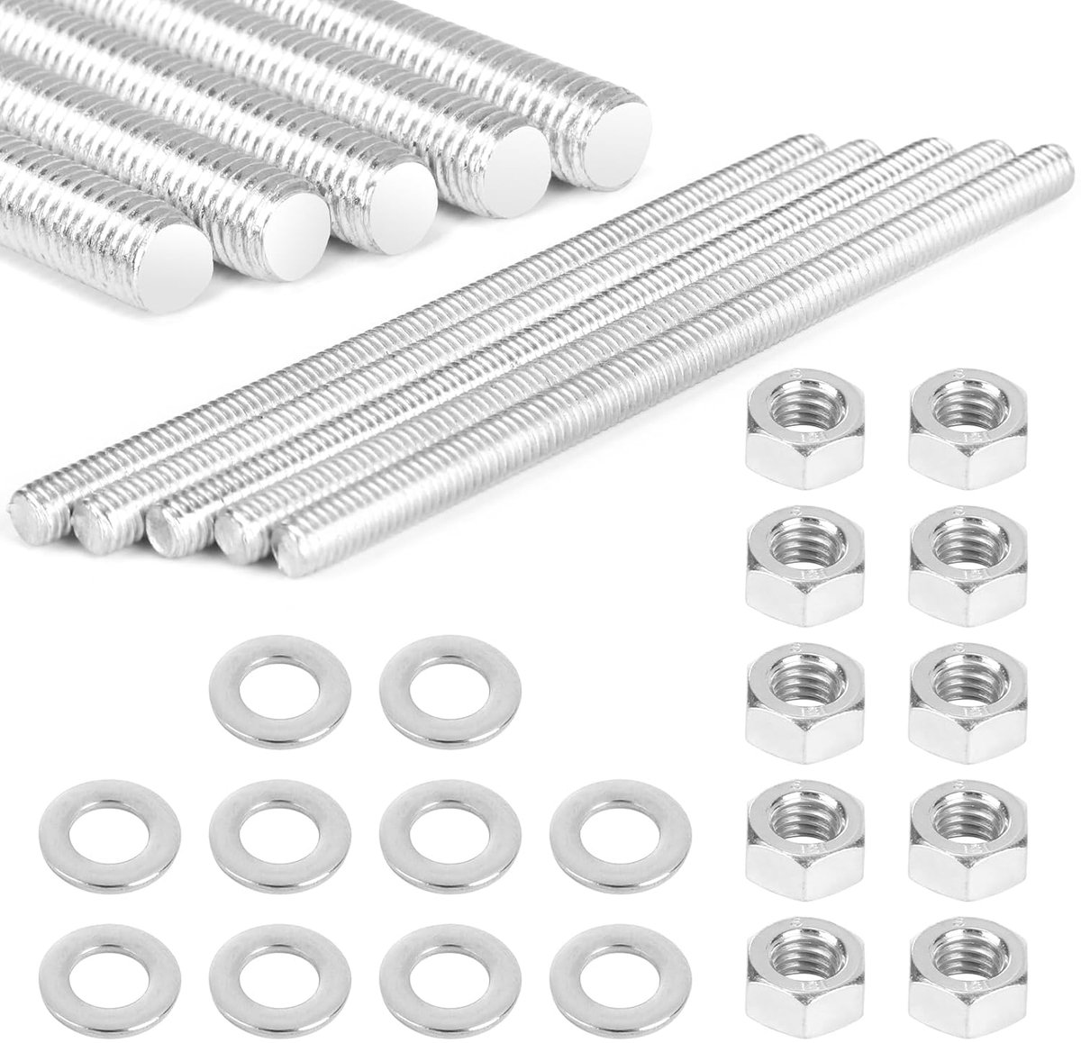 Pack of 5 M6 x 100 mm Threaded Rods M6 with Nuts and Washers, Threaded Rod Galvanized Steel, Wire Bars for Furniture - ShopVlot
