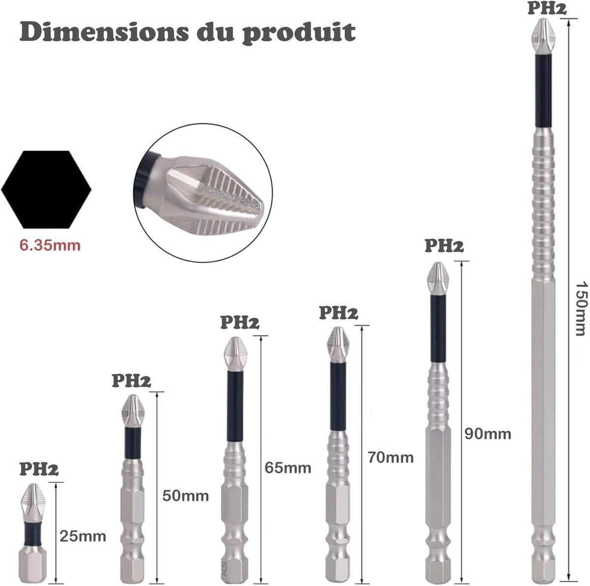 SnelShoppen - Set van 6 PH2 Magnetische Schroevendraaierbits met Kruiskoppunt, Lengte 25-150 mm, 1/4 Inch Zeskantschacht voor Elektrische Schroevendra