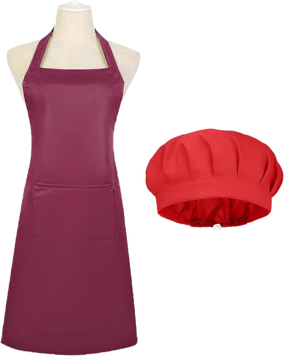 1 red adjustable apron and 1-piece work hat, waterproof apron, suitable for kitchen, painting, housework, gardening. - ShopVlot