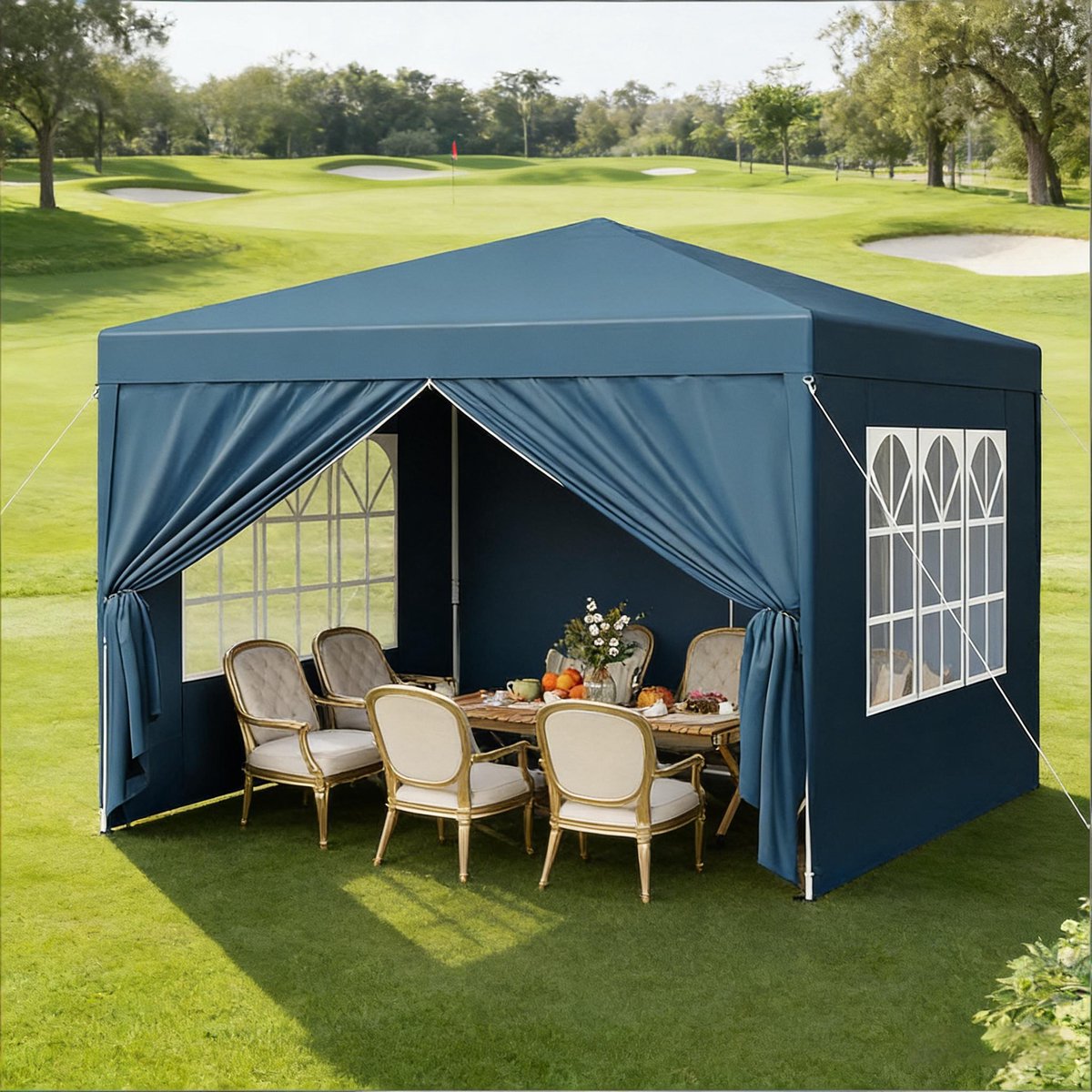 DESMIU Partytent – 3 x 3 m Verstelbare Hoogte – Oxford Stof en IJzer – Blauw – Opvouwbaar Paviljoen voor Tuin, Terras en Feest