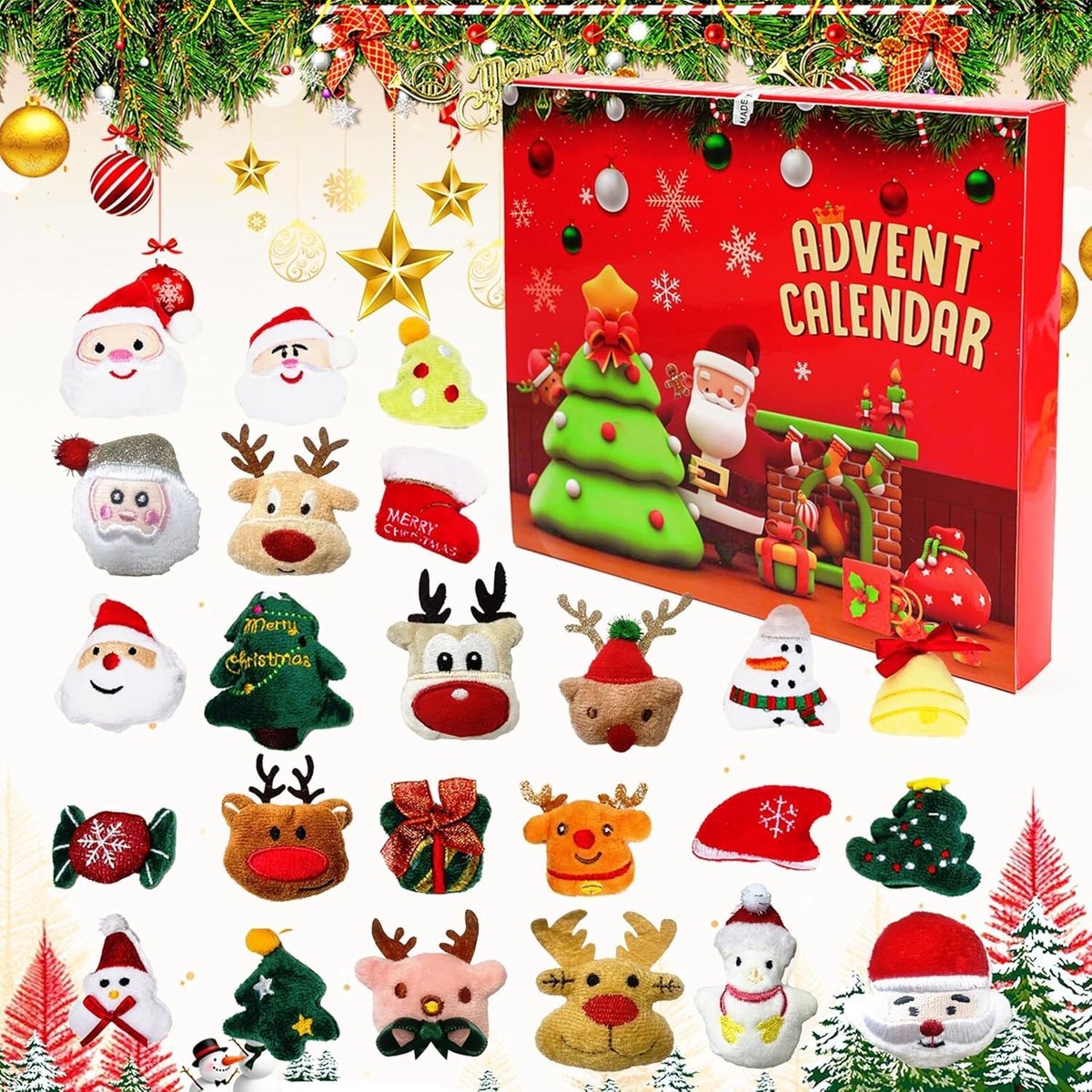 Adventskalender Kerst 2025 - 24 Deurtjes met Pluche Figuren - Santa Claus, Sneeuwman en Rendier - SnelShoppen