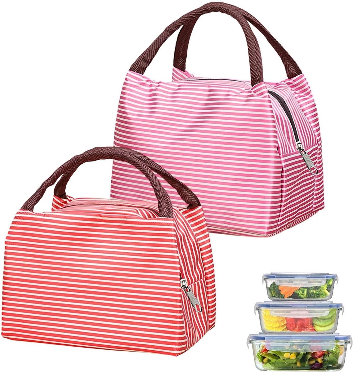 SnelShoppen - 2 Stuks Thermo Tassen, Kleine Oxford Stoffen Lunch Box, Draagbare Geïsoleerde Lunch Tas, Vouwbare Lunch Tas, Roze Rood en Rood, Voor Sch