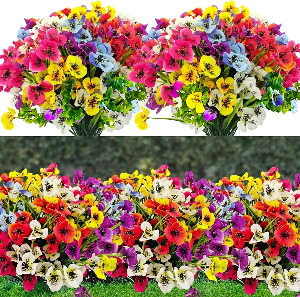 SnelShoppen - 6 kunstbloem boeketten voor buitengebruik, weerbestendig, decoratieve plastic bloemen in rood, geel, wit, paars, sunset rood en blauw vo