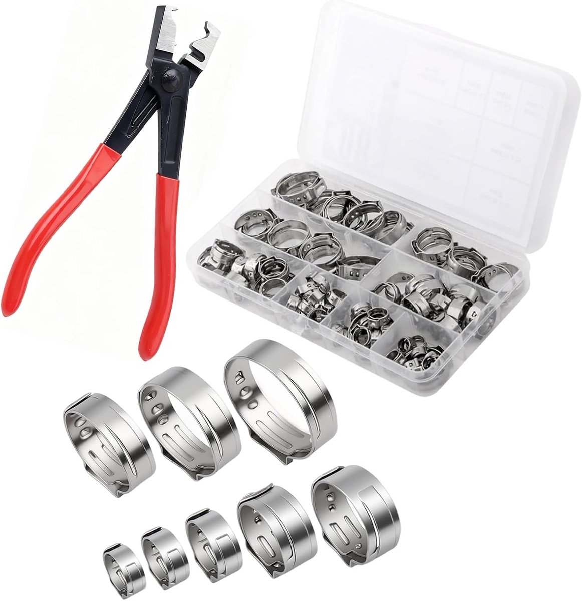 Slangklemmen set van 80 - RVS 6-23 mm - 8 maten - Inclusief tang voor brandstofleiding en waterleiding - ShopVlot