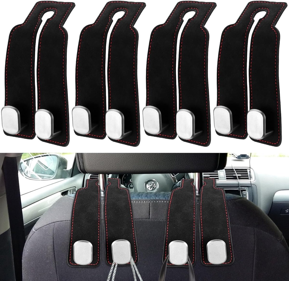 SnelShoppen - 4 Stuks Hoofdsteun Haken Auto, Achterbank Organizer Haken, Leer Achterbank Opberg Haak voor Auto Accessoires, Tassen en Handtassen