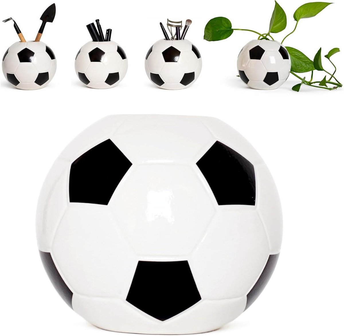 Keramische Voetbalvaas - Voetbal Decoratie - Bureau Organiseren - 3-in-1 Functie - 12 x 12 x 11 cm - Zwart Wit