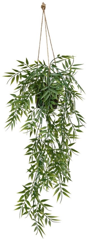Hangende kunstplant met lange, smalle, groene bladeren die naar beneden vallen.
